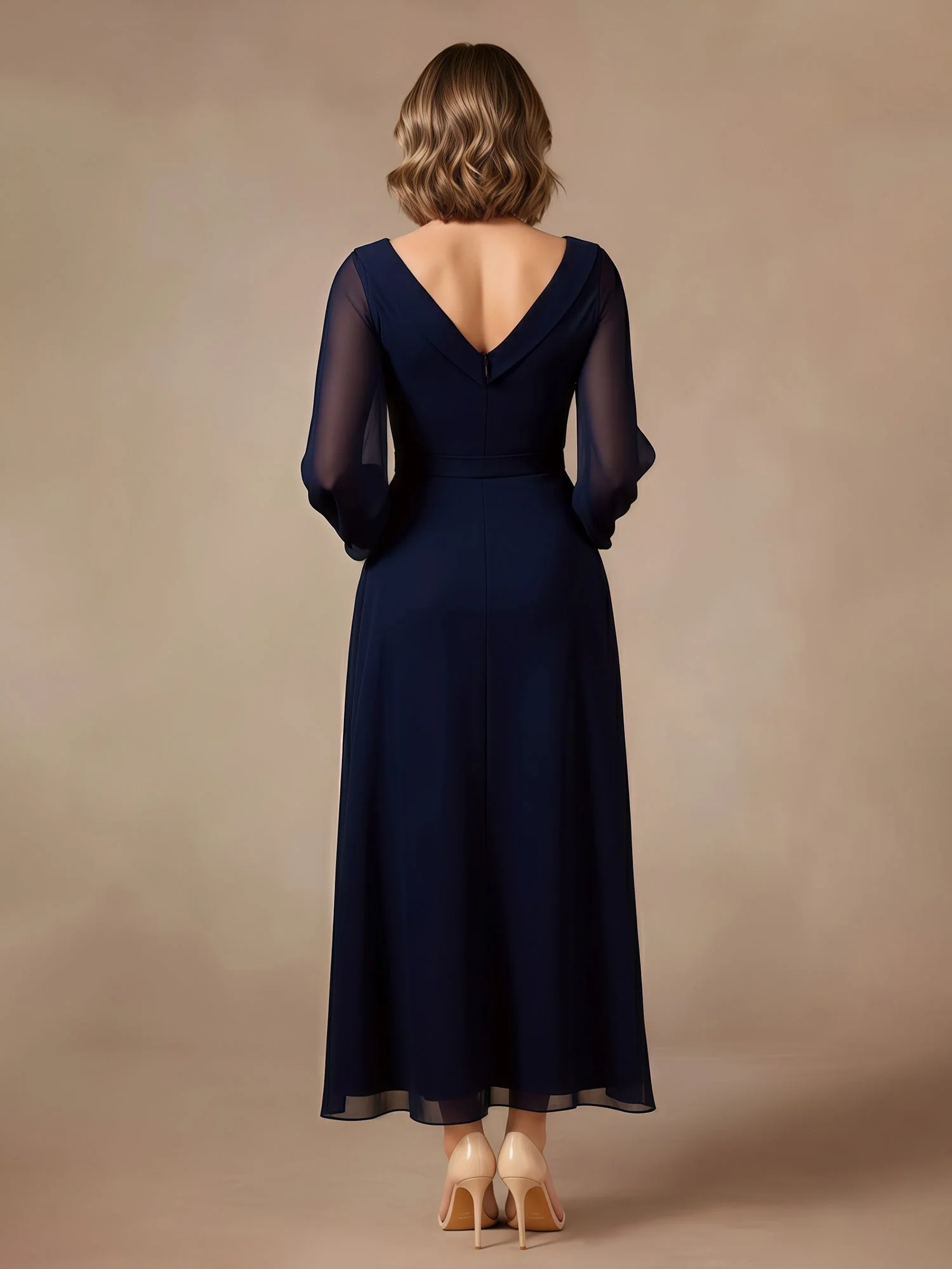 A-Linie V-Ausschnitt Langarm Chiffon Kleid Minzgrün - Image 2