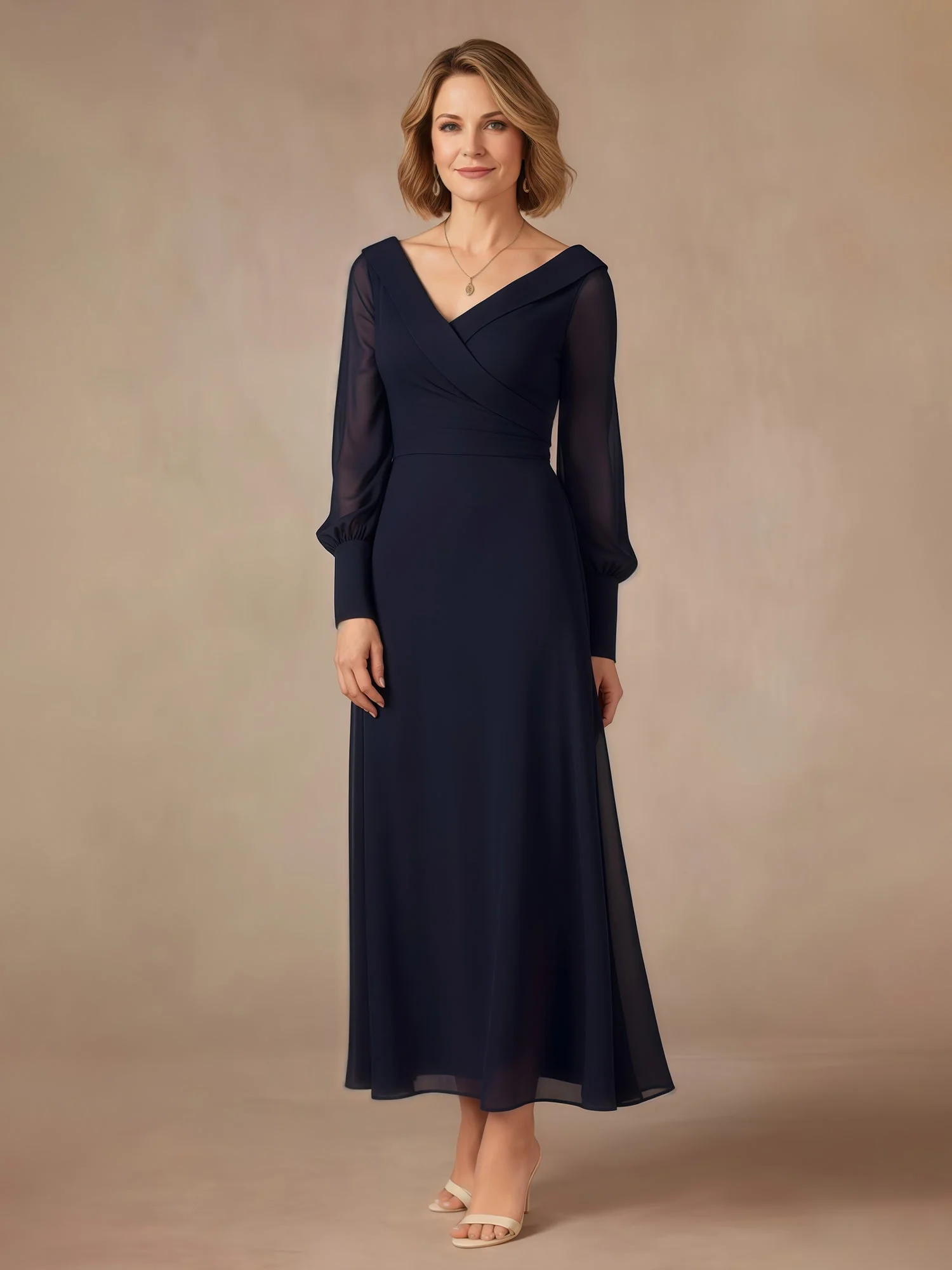 A-Linie V-Ausschnitt Langarm Chiffon Kleid Ringelblume