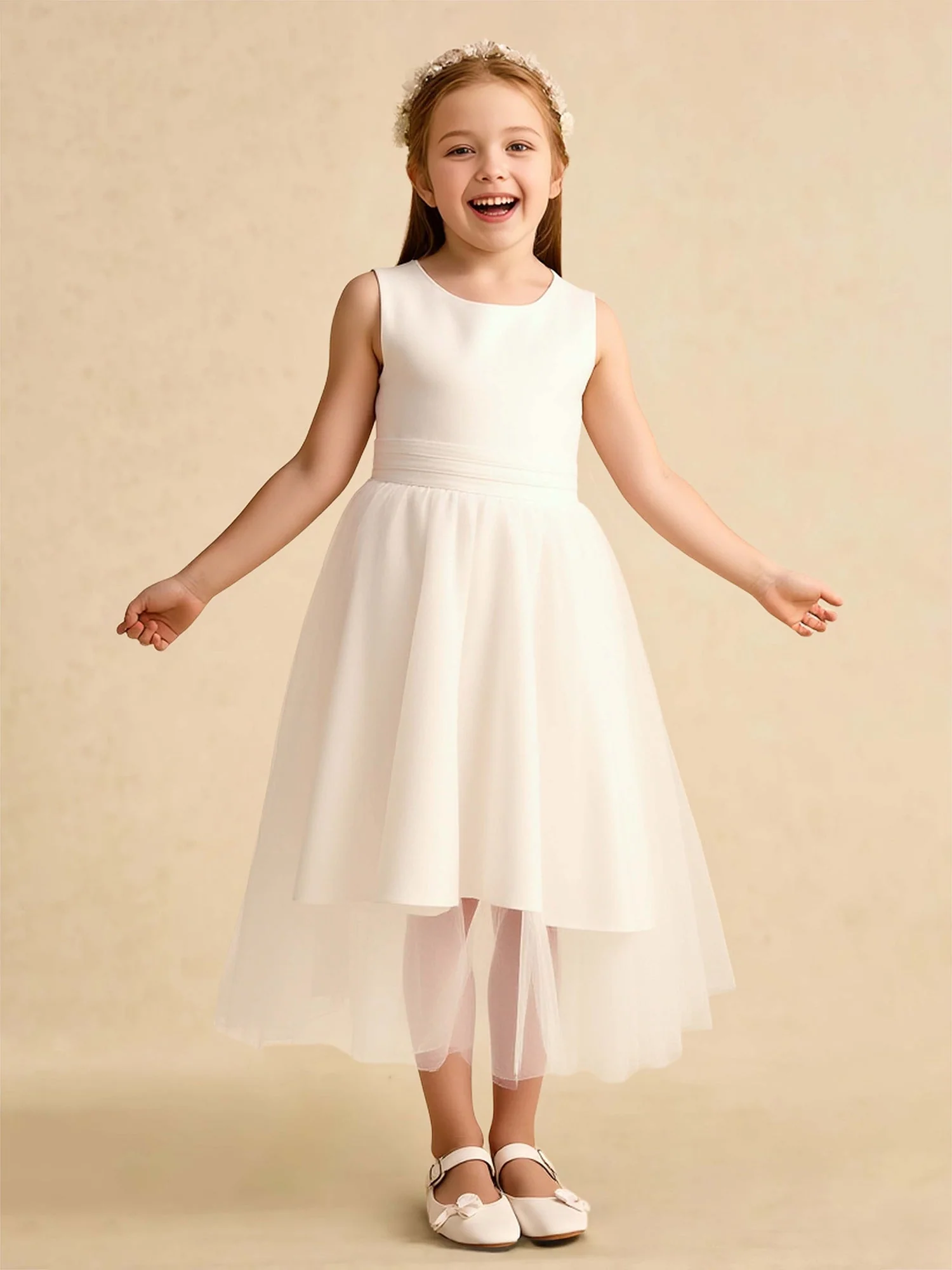 Scoop A-Linie Satin Tüll Blumenmädchen Kleid mit Schleife Elfenbein