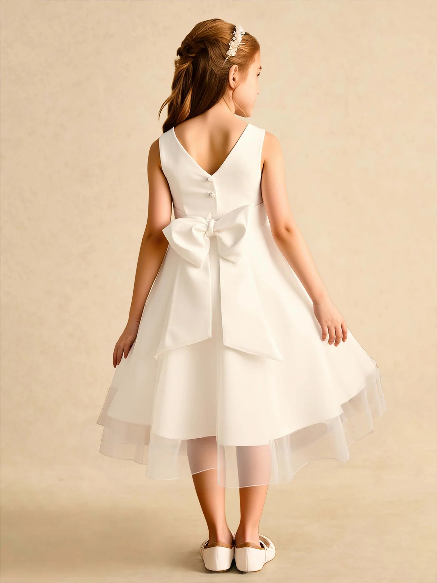 Scoop A-Linie Satin Tüll Blumenmädchen Kleid mit Schleife Elfenbein - Image 2