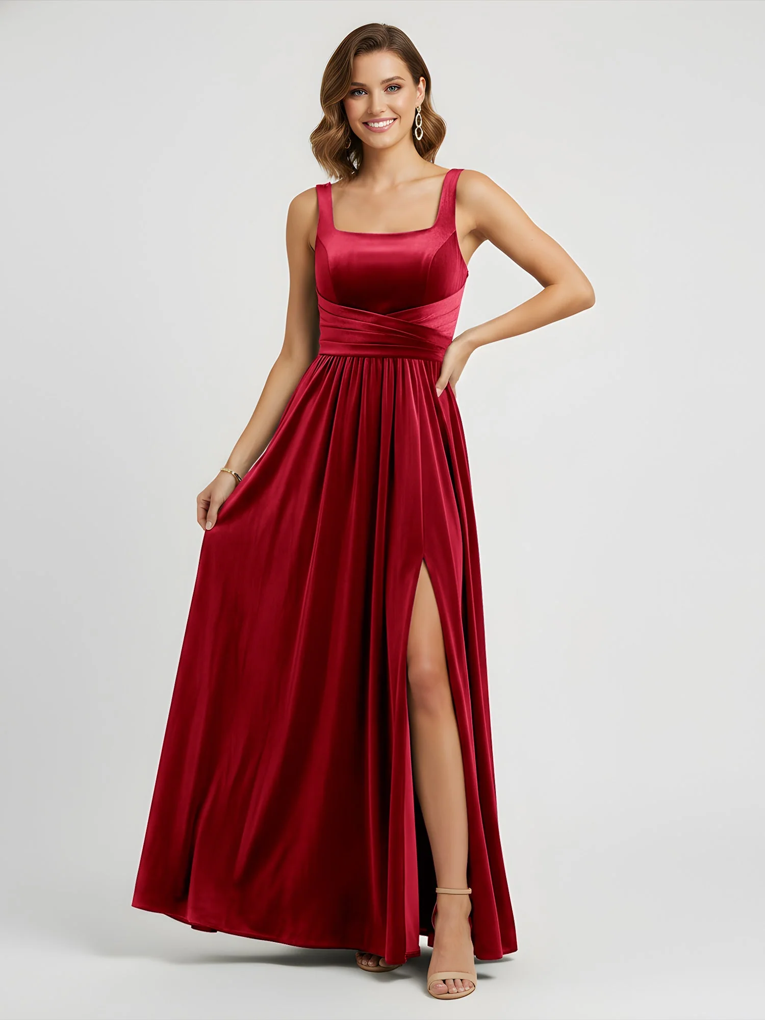 Breite Träger Samt Plissee Taille Maxi Kleid Burgunderrot