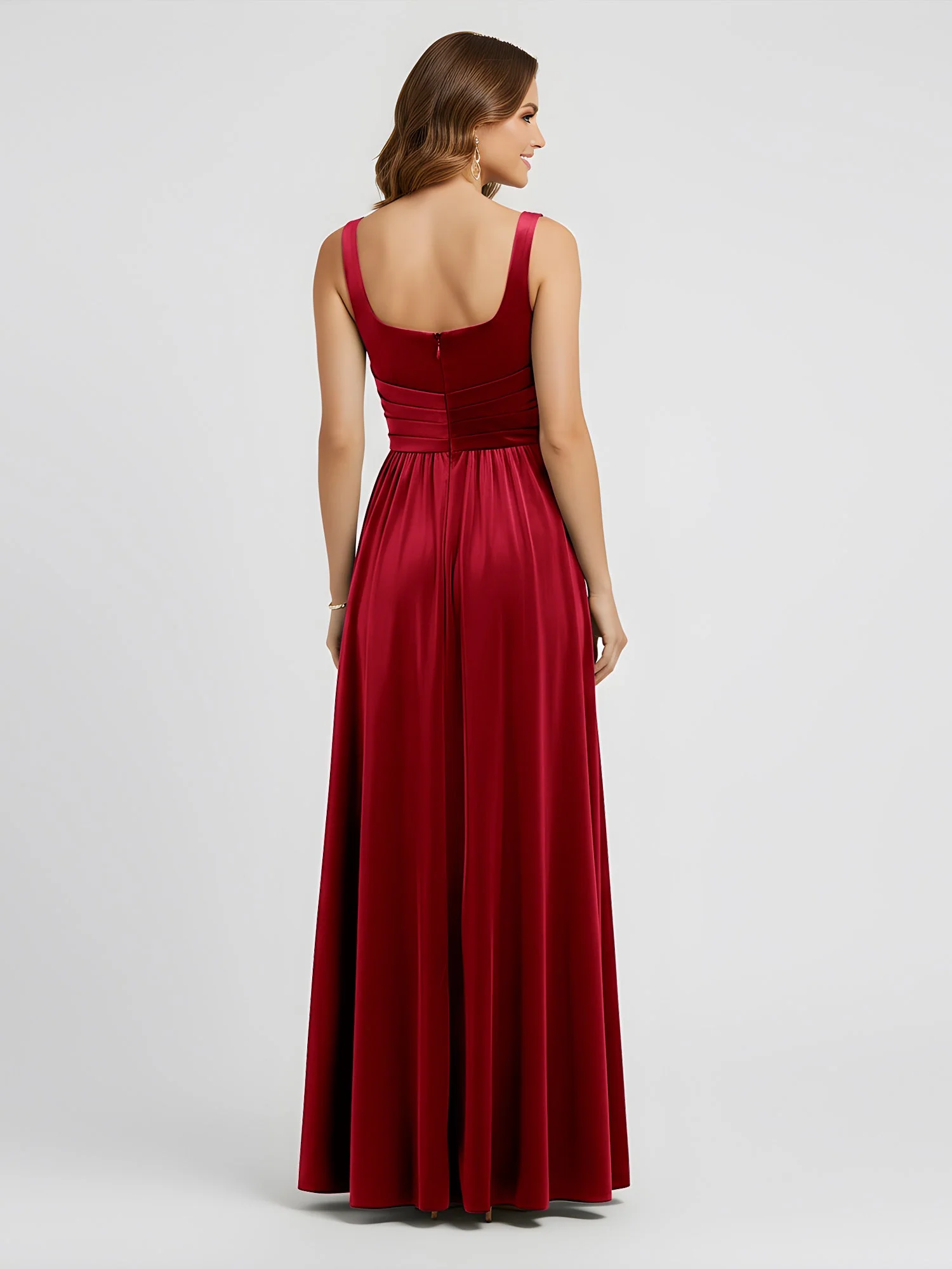 Breite Träger Samt Plissee Taille Maxi Kleid Burgunderrot - Image 2