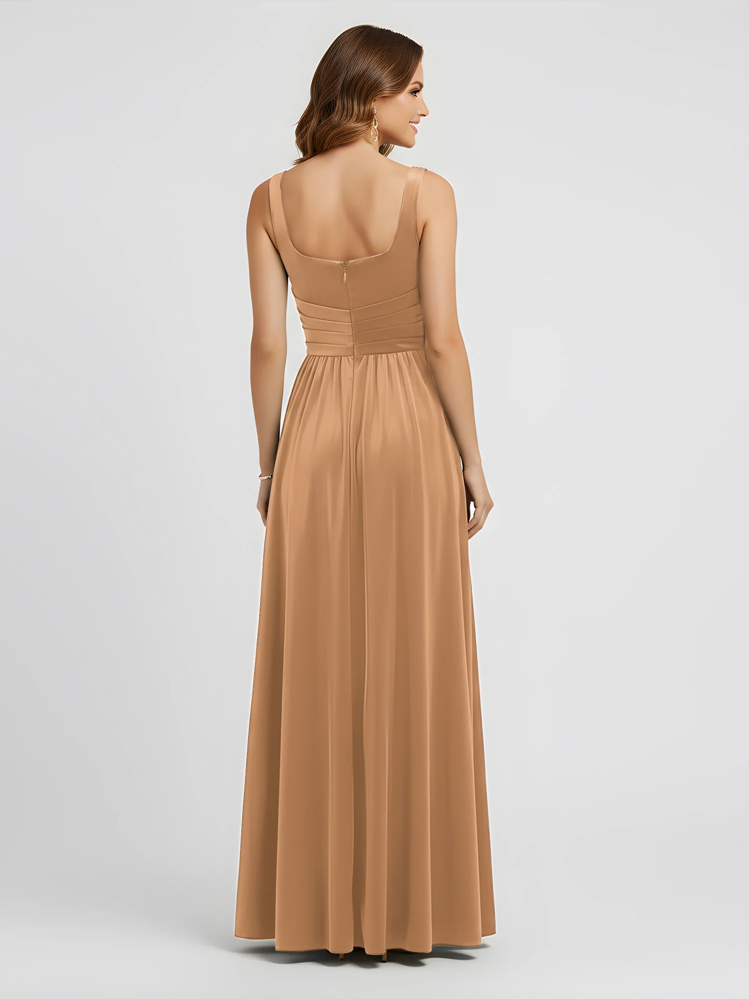 Breite Träger Samt Plissee Taille Maxi Kleid Champagner - Image 2