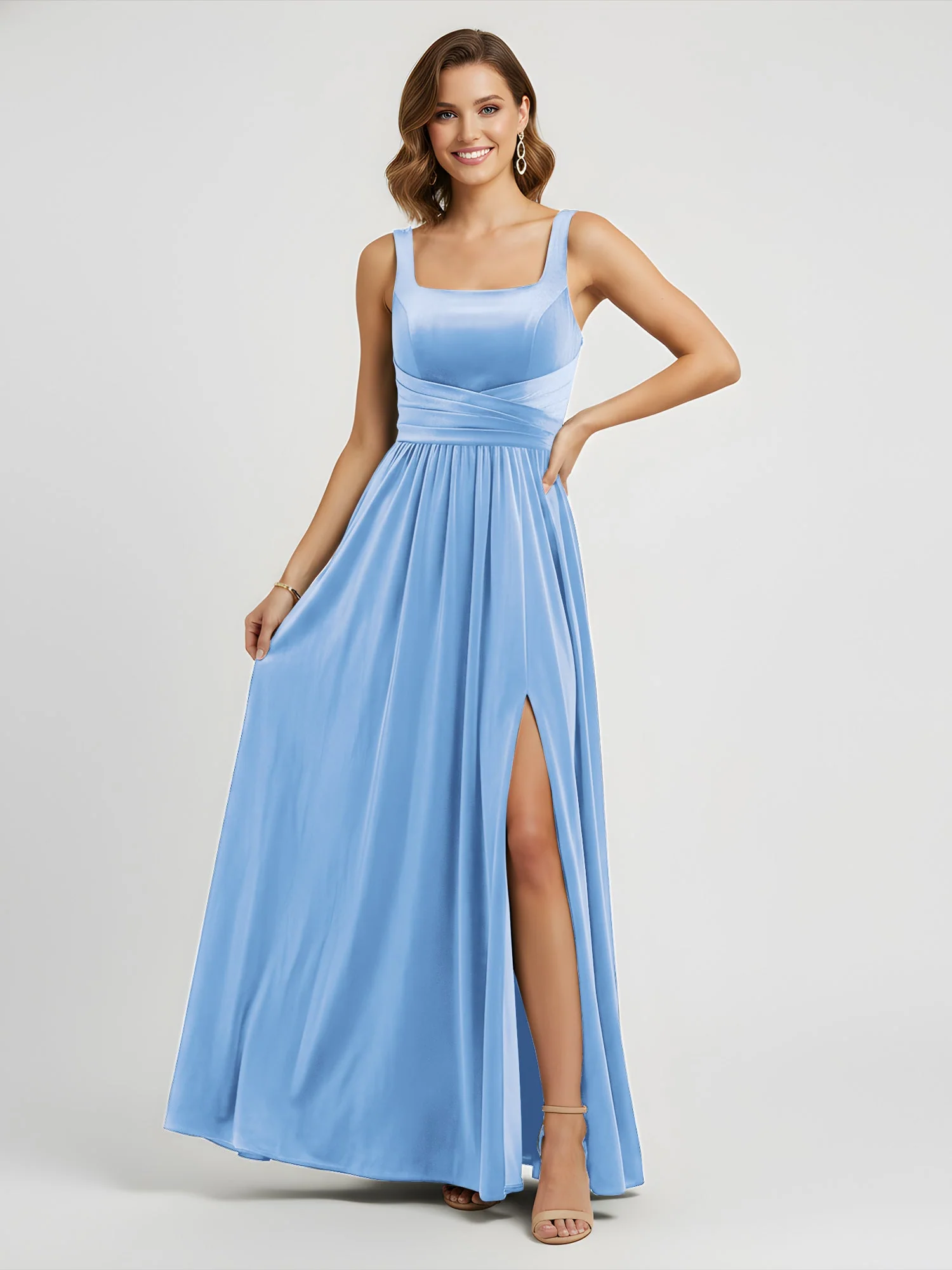 Breite Träger Samt Plissee Taille Maxi Kleid Himmelblau