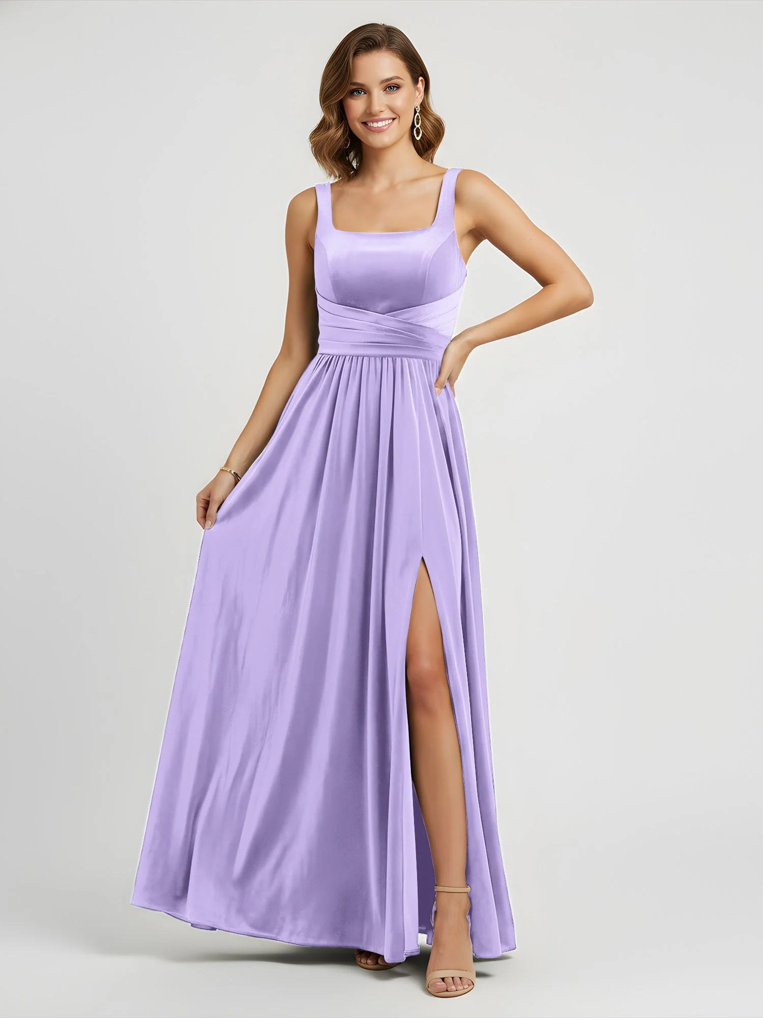 Breite Träger Samt Plissee Taille Maxi Kleid Lila