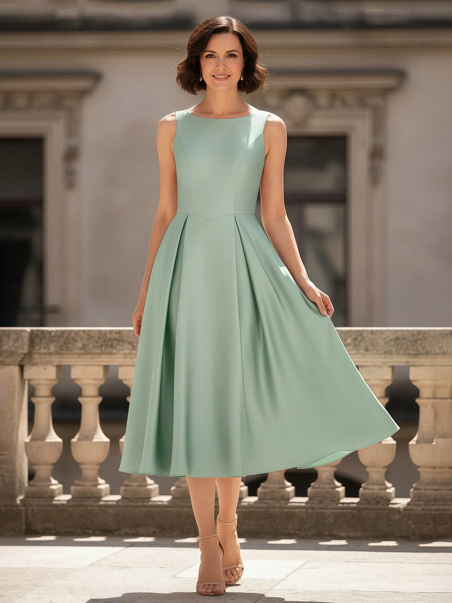 A-Linie Scoop Ausschnitt Wadenlang Satin Kleid Champagner