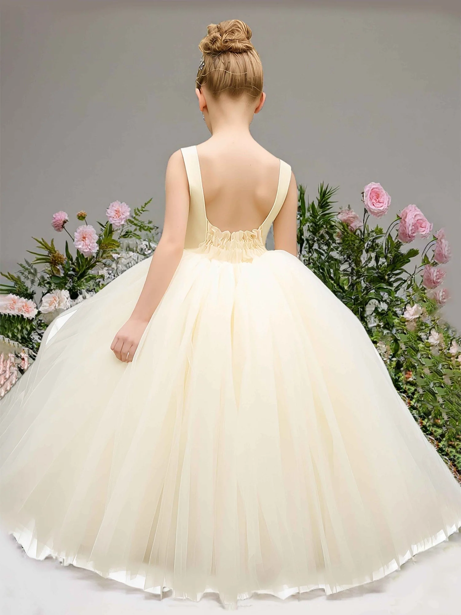 Ärmellos Scoop Rücken Gerafft Taille Blumenmädchen Kleid Narzisse - Image 2
