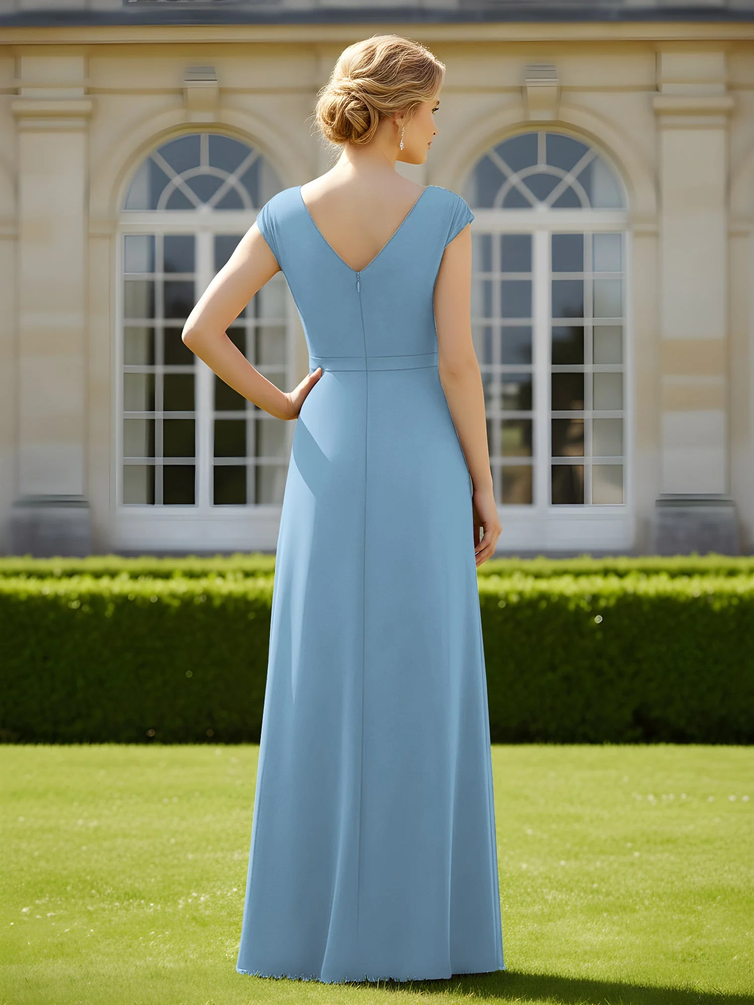 Perlen V-Ausschnitt Plissee Chiffon A-Linie Pailletten Kleid Blau - Image 2