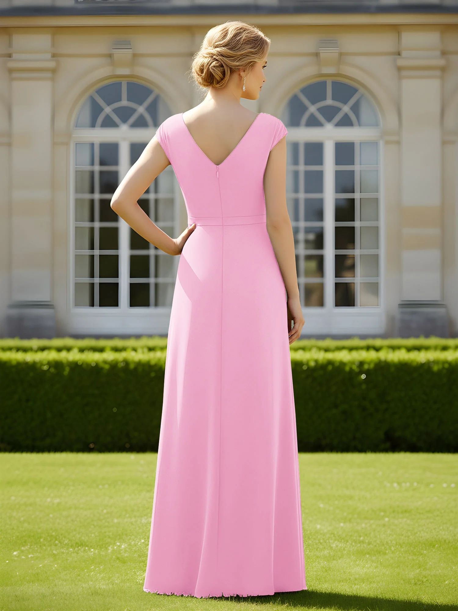 Perlen V-Ausschnitt Plissee Chiffon A-Linie Pailletten Kleid Bonbonrosa - Image 2