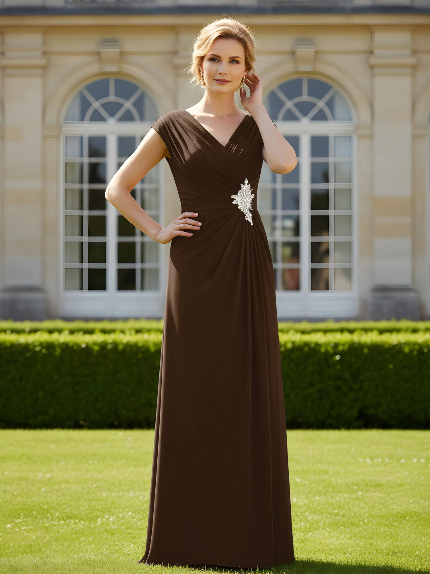 Perlen V-Ausschnitt Plissee Chiffon A-Linie Pailletten Kleid Braun