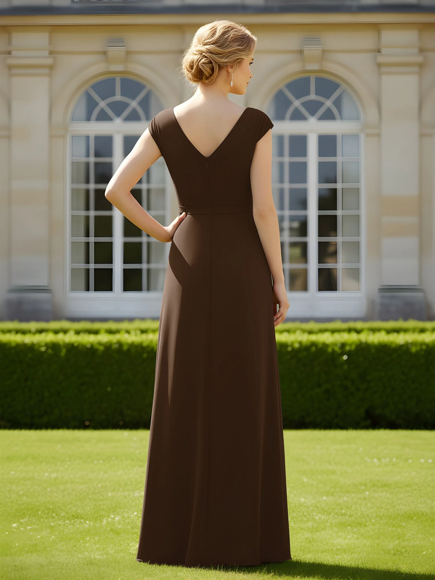 Perlen V-Ausschnitt Plissee Chiffon A-Linie Pailletten Kleid Braun - Image 2