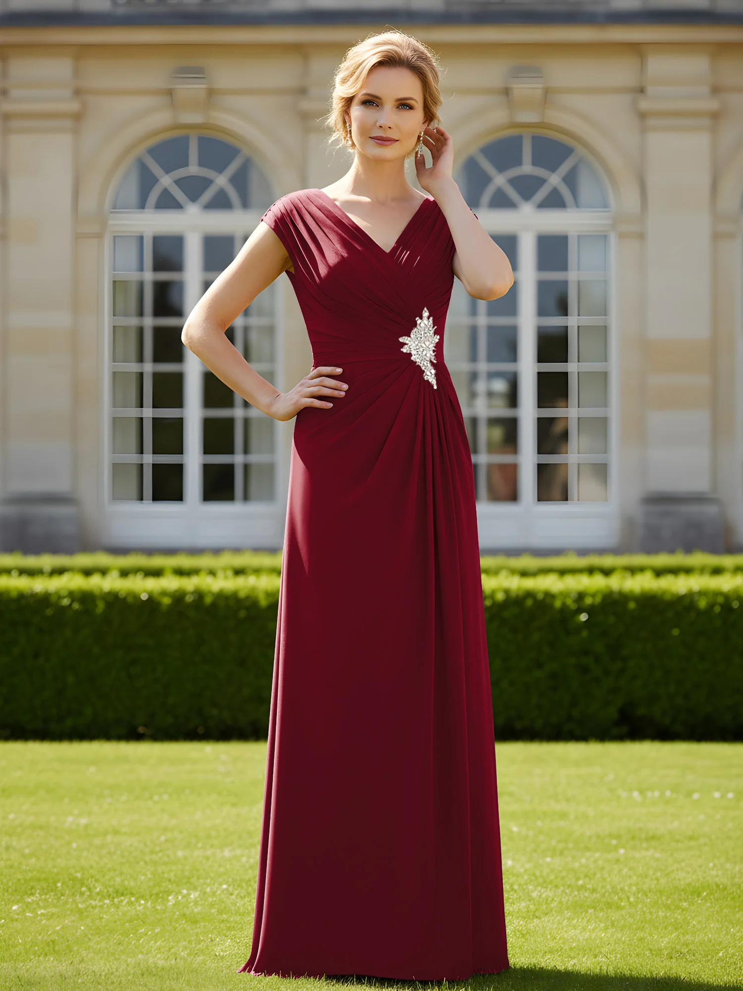 Perlen V-Ausschnitt Plissee Chiffon A-Linie Pailletten Kleid Burgunderrot