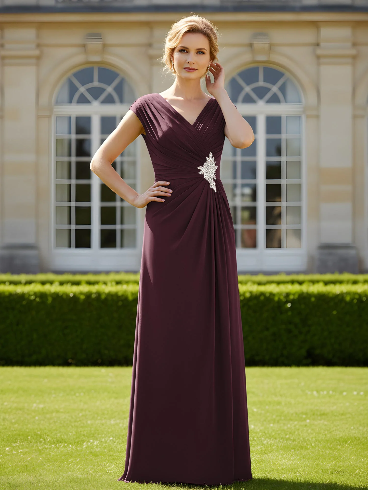 Perlen V-Ausschnitt Plissee Chiffon A-Linie Pailletten Kleid Cabernet
