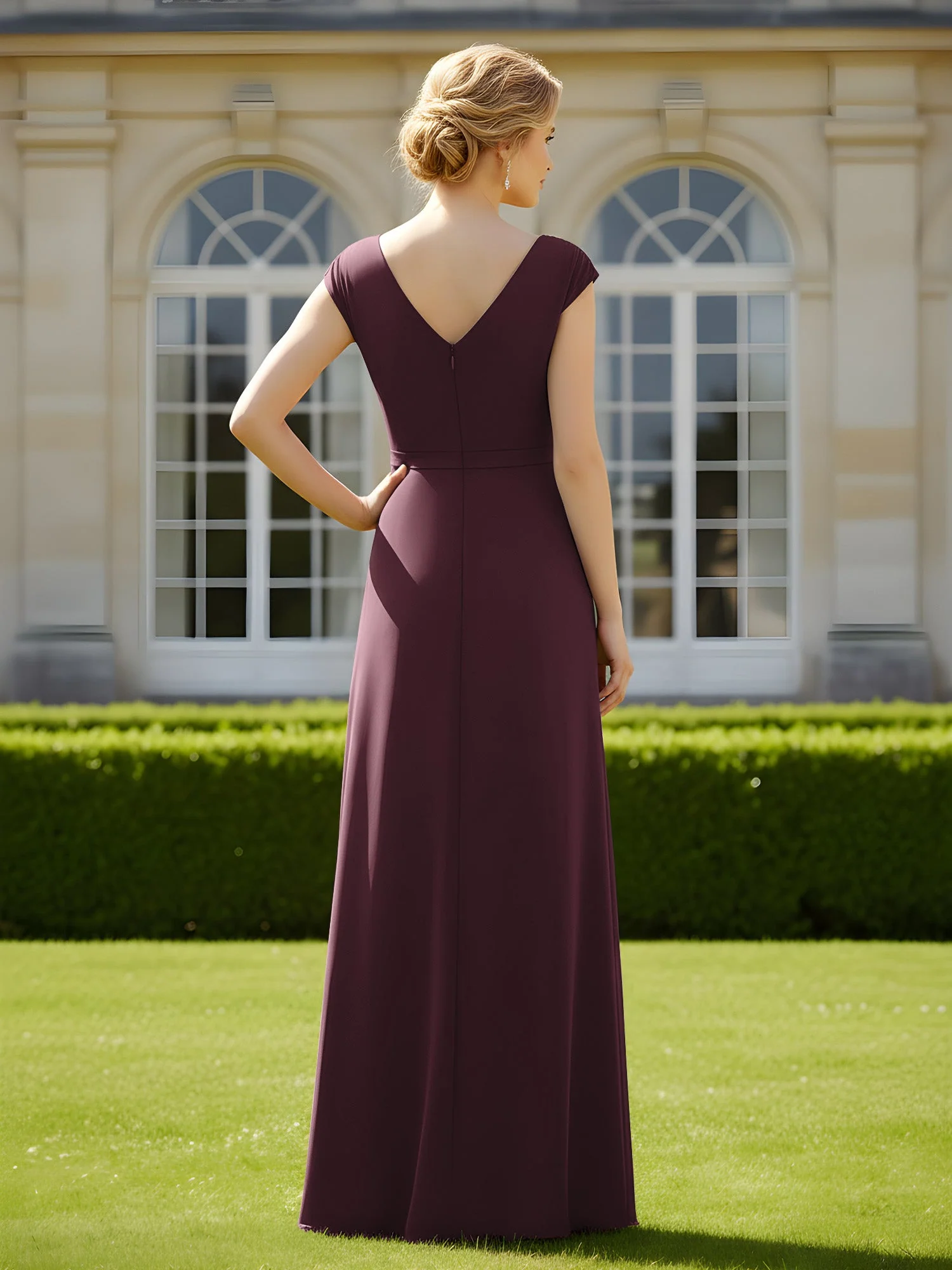 Perlen V-Ausschnitt Plissee Chiffon A-Linie Pailletten Kleid Cabernet - Image 2