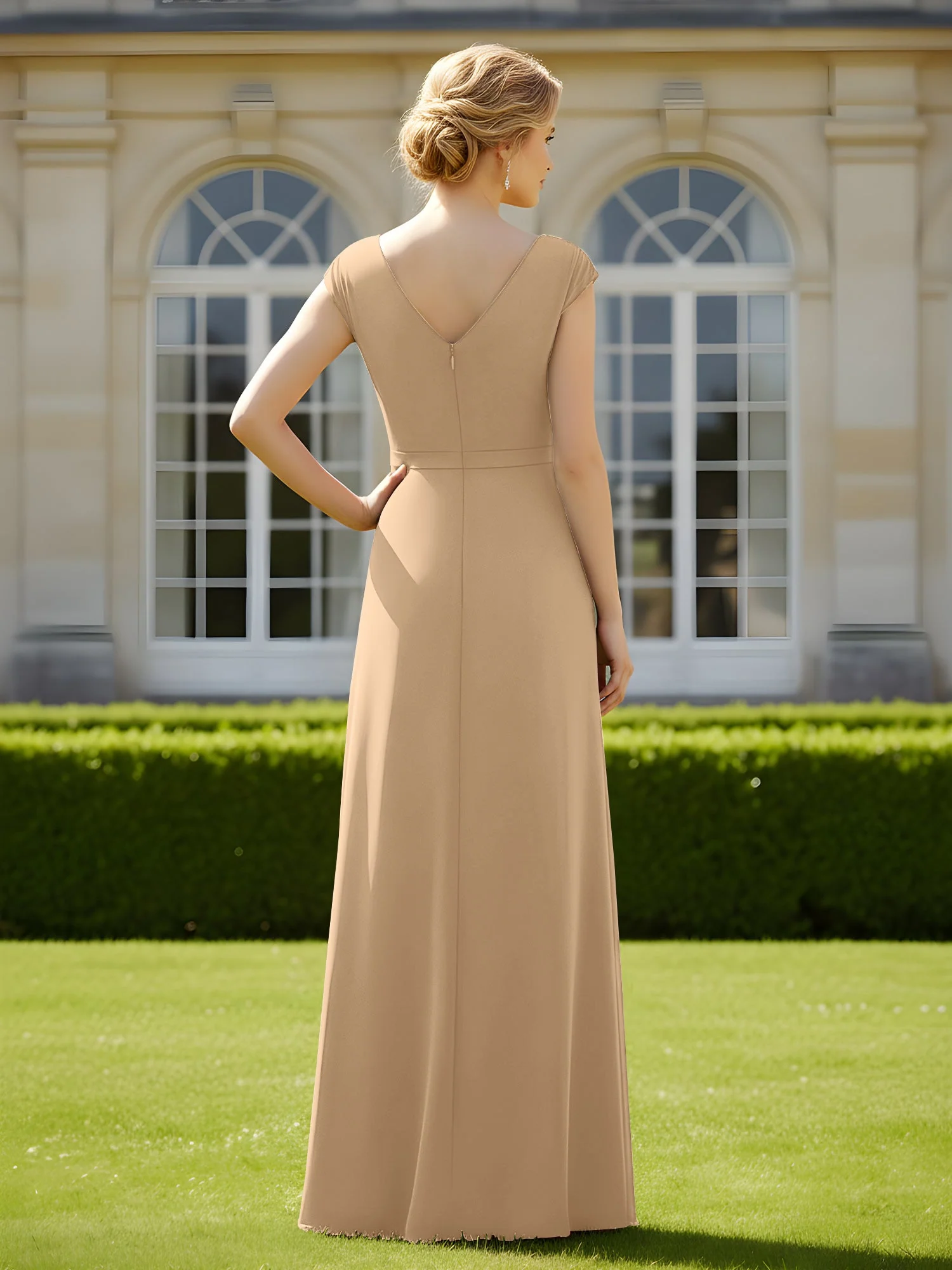 Perlen V-Ausschnitt Plissee Chiffon A-Linie Pailletten Kleid Champagner - Image 2