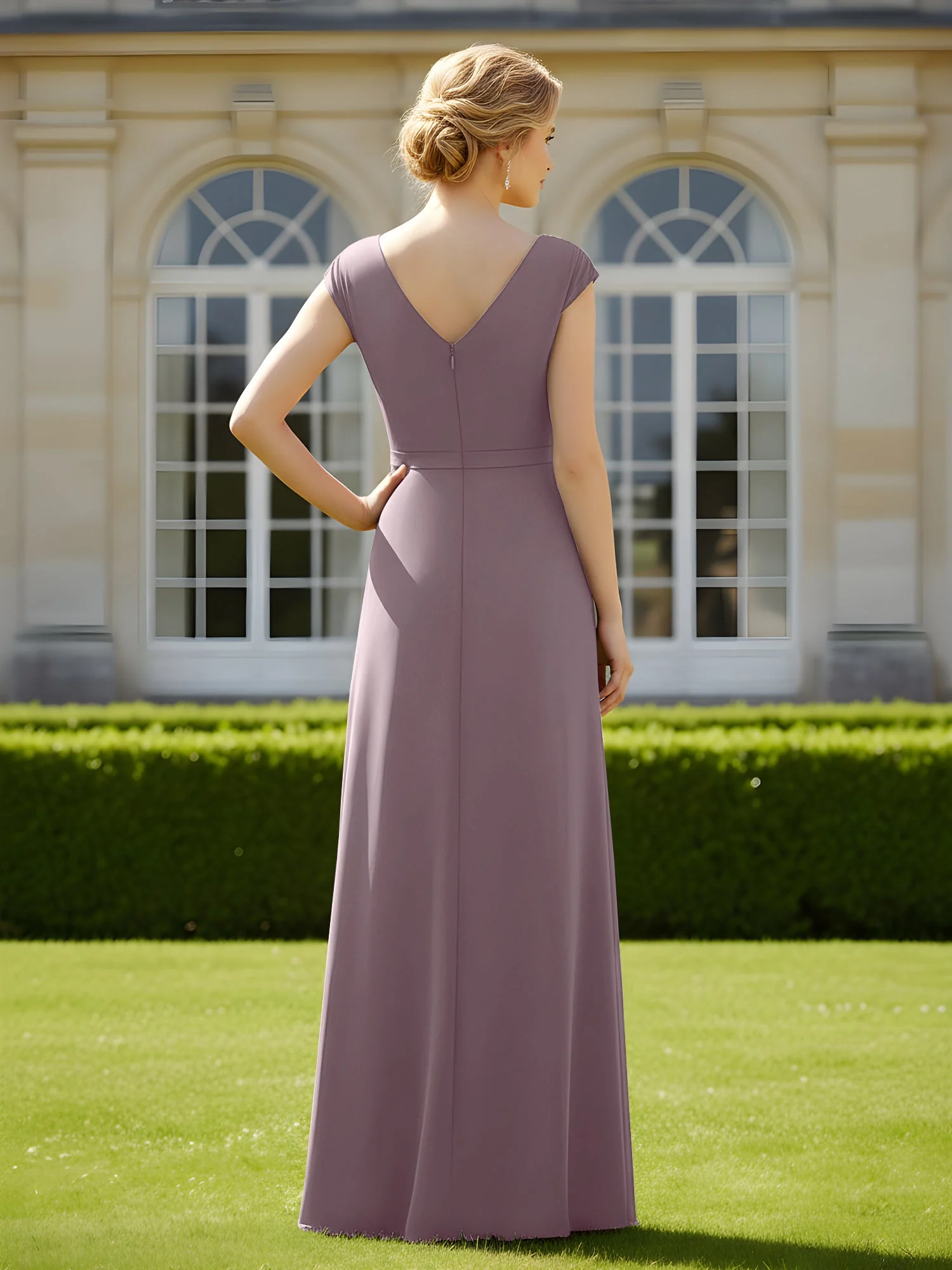 Perlen V-Ausschnitt Plissee Chiffon A-Linie Pailletten Kleid Dämmerung - Image 2