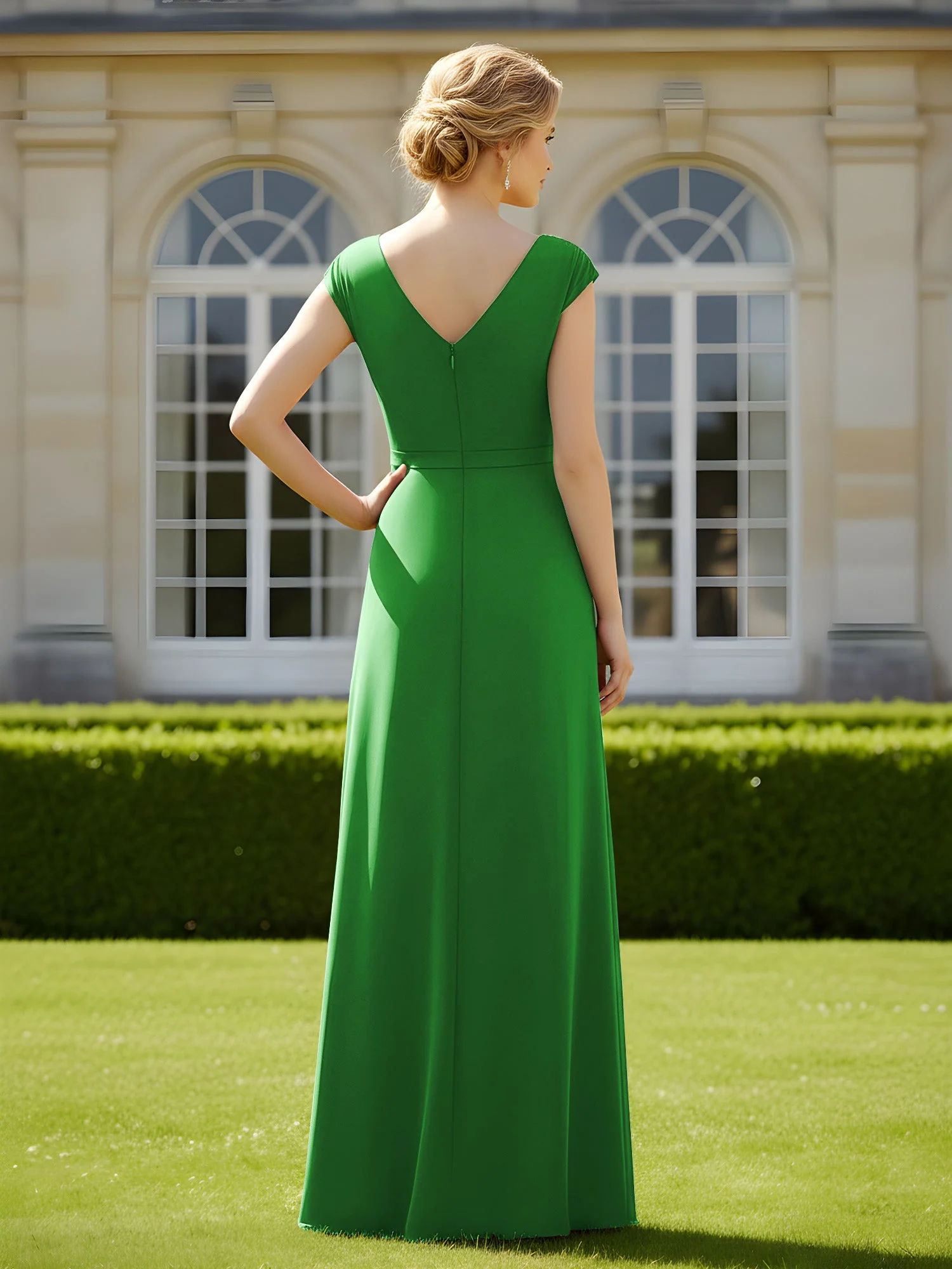 Perlen V-Ausschnitt Plissee Chiffon A-Linie Pailletten Kleid Grün - Image 2