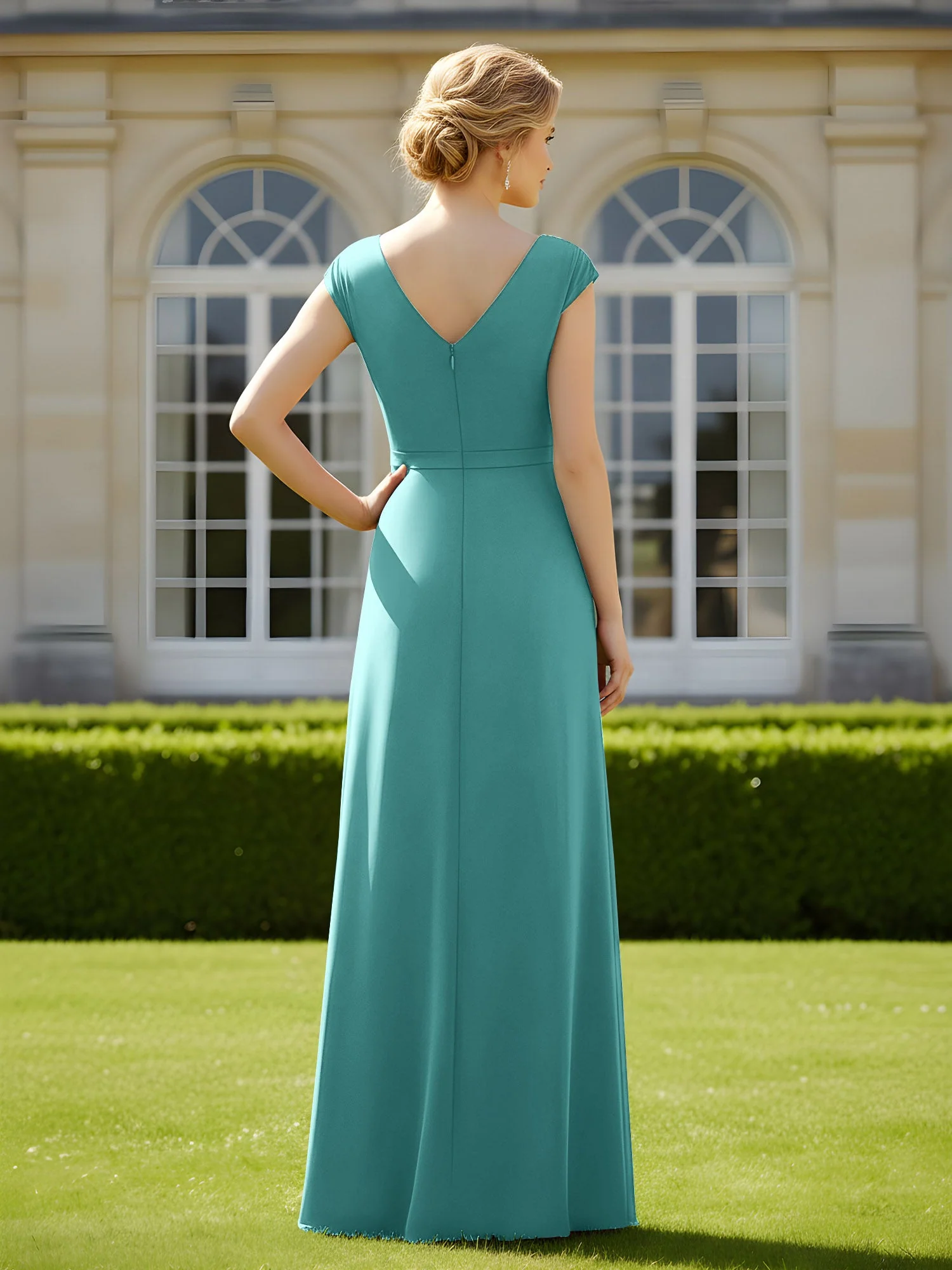 Perlen V-Ausschnitt Plissee Chiffon A-Linie Pailletten Kleid Jade - Image 2