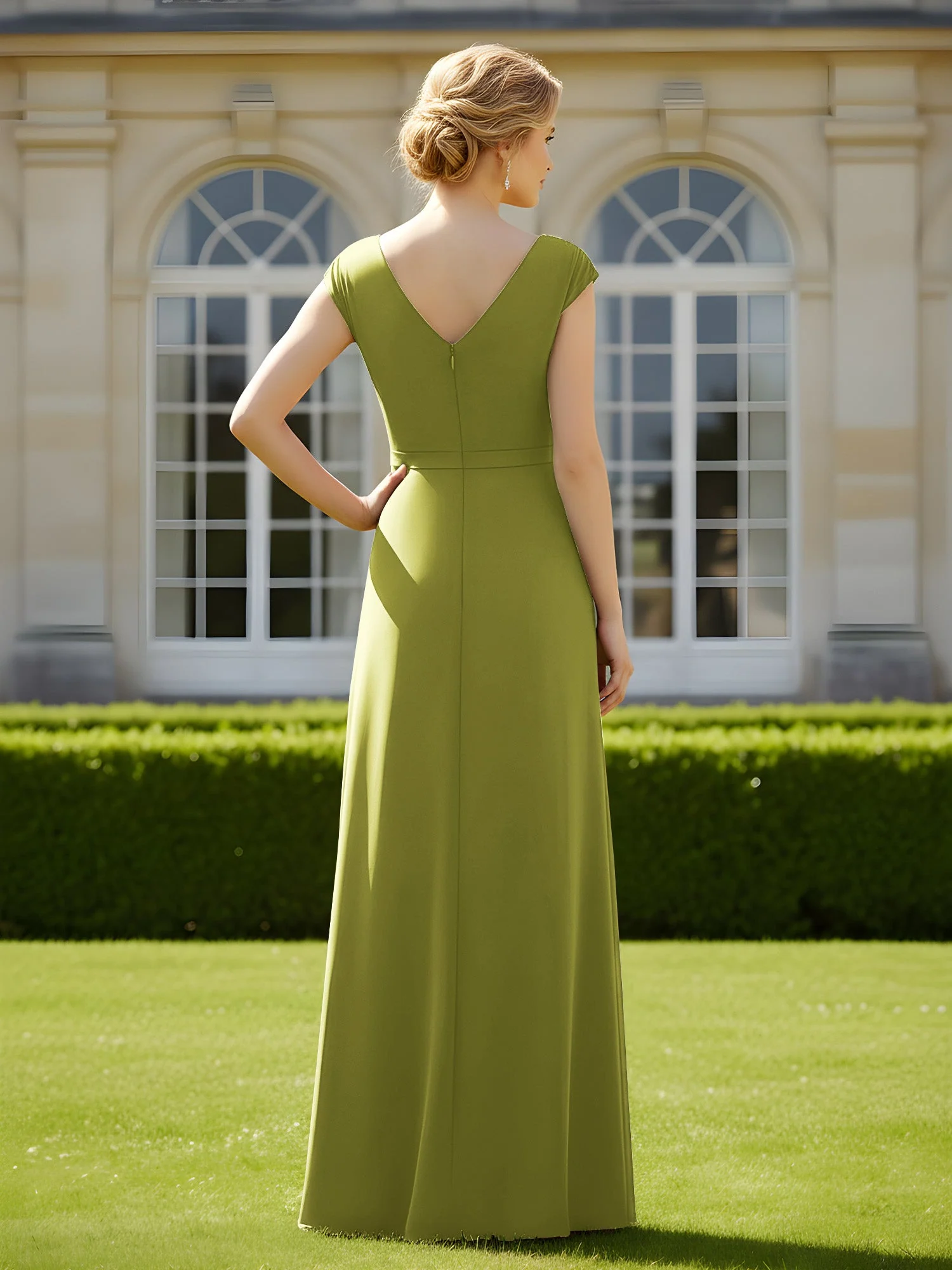 Perlen V-Ausschnitt Plissee Chiffon A-Linie Pailletten Kleid Kleegrün - Image 2