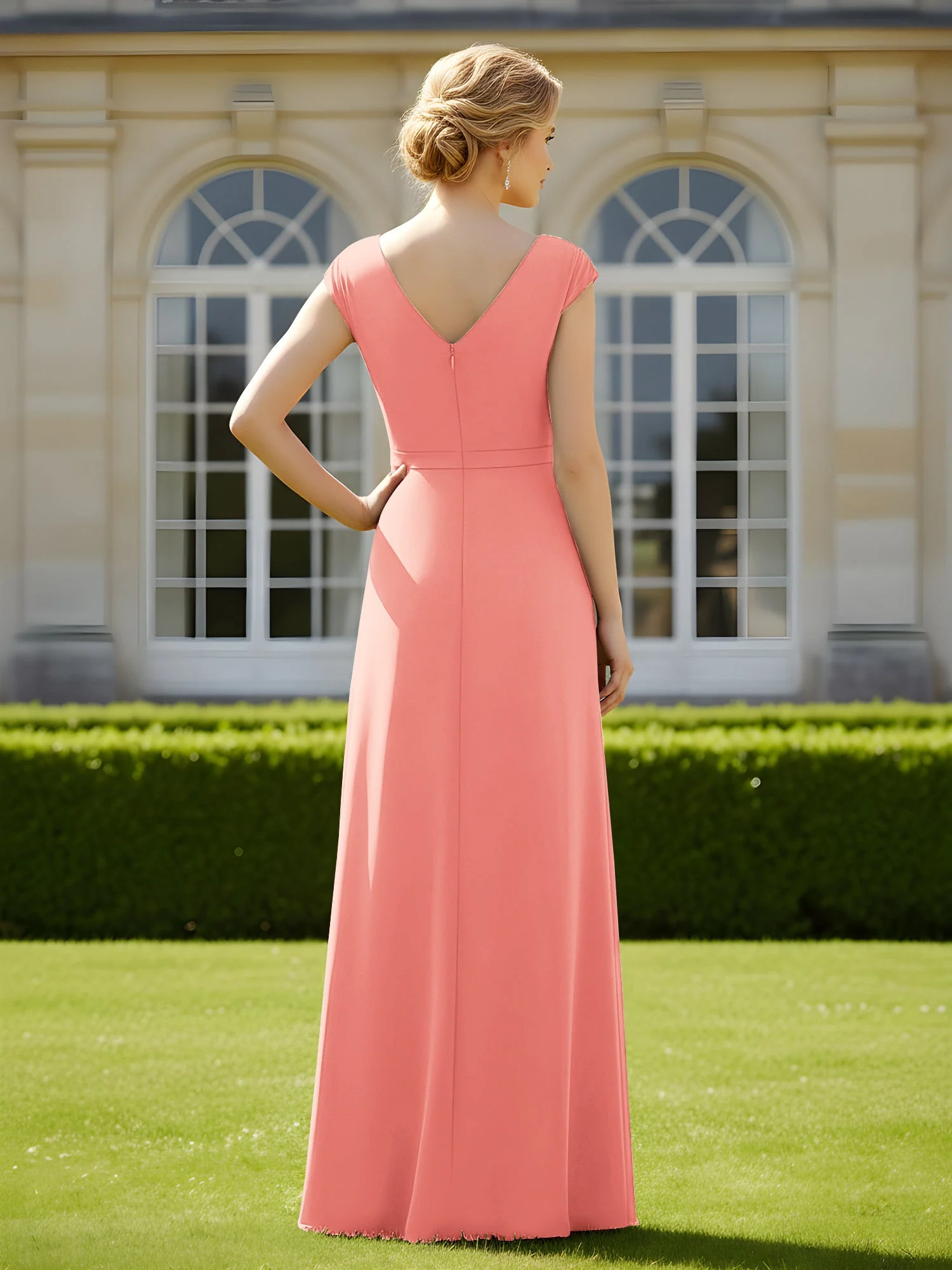 Perlen V-Ausschnitt Plissee Chiffon A-Linie Pailletten Kleid Koralle - Image 2