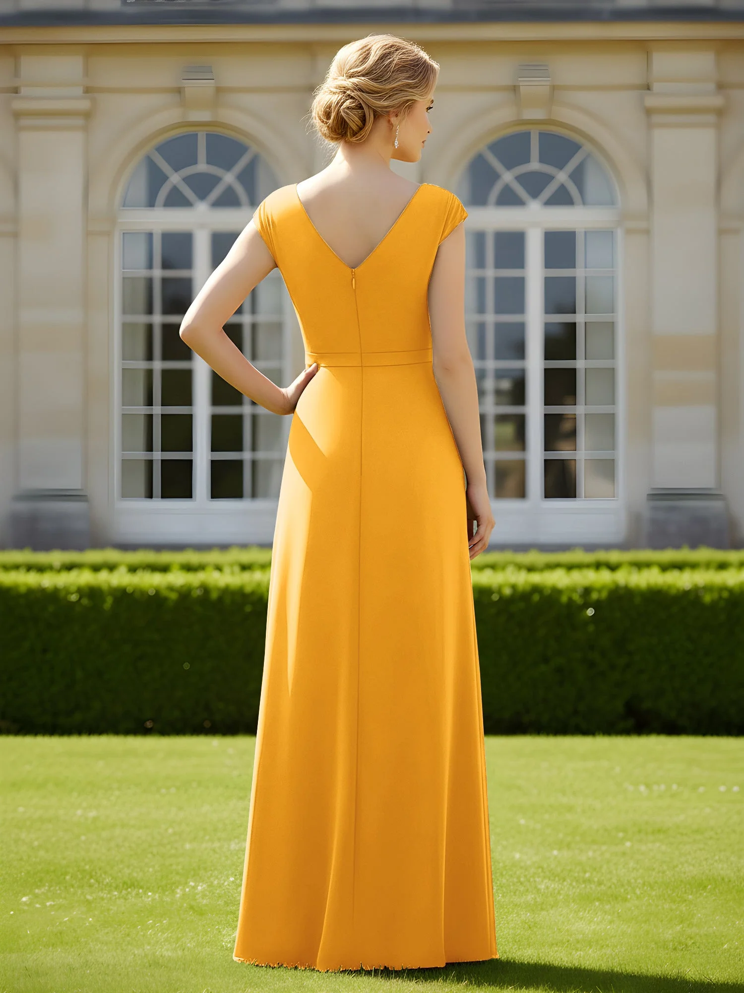Perlen V-Ausschnitt Plissee Chiffon A-Linie Pailletten Kleid Mandarine - Image 2