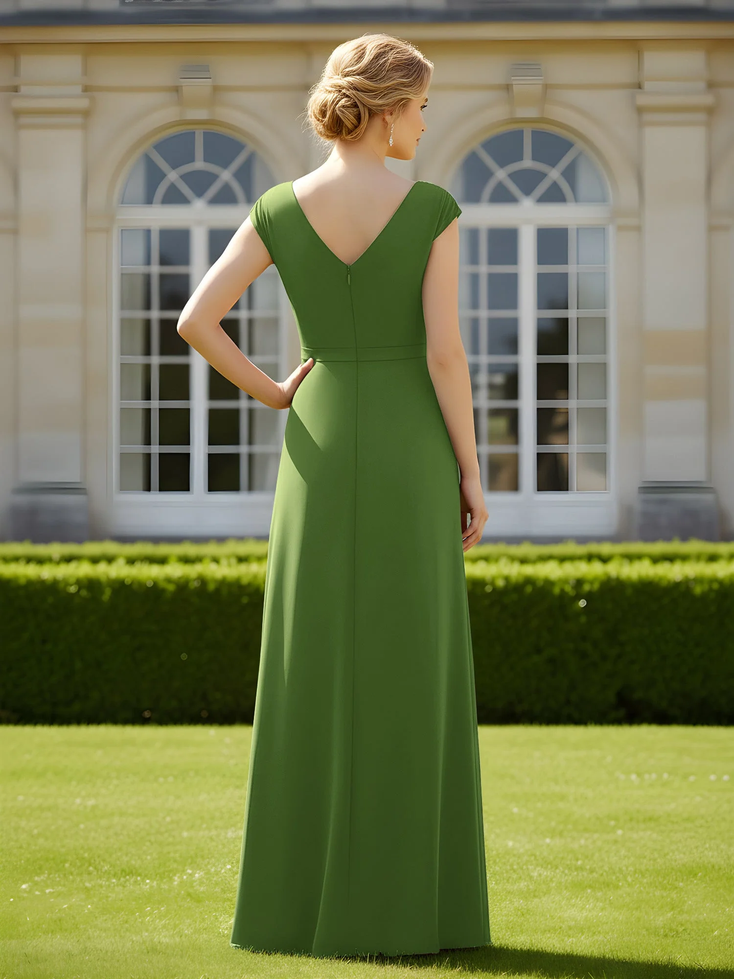 Perlen V-Ausschnitt Plissee Chiffon A-Linie Pailletten Kleid Moos - Image 2