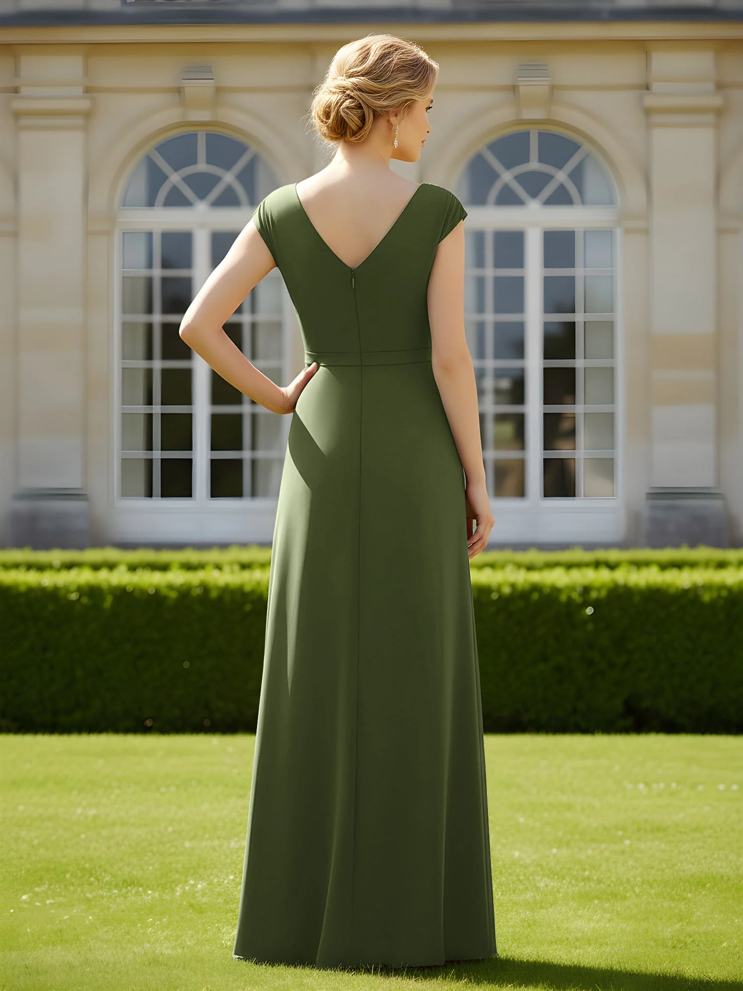 Perlen V-Ausschnitt Plissee Chiffon A-Linie Pailletten Kleid Olivgrün - Image 2