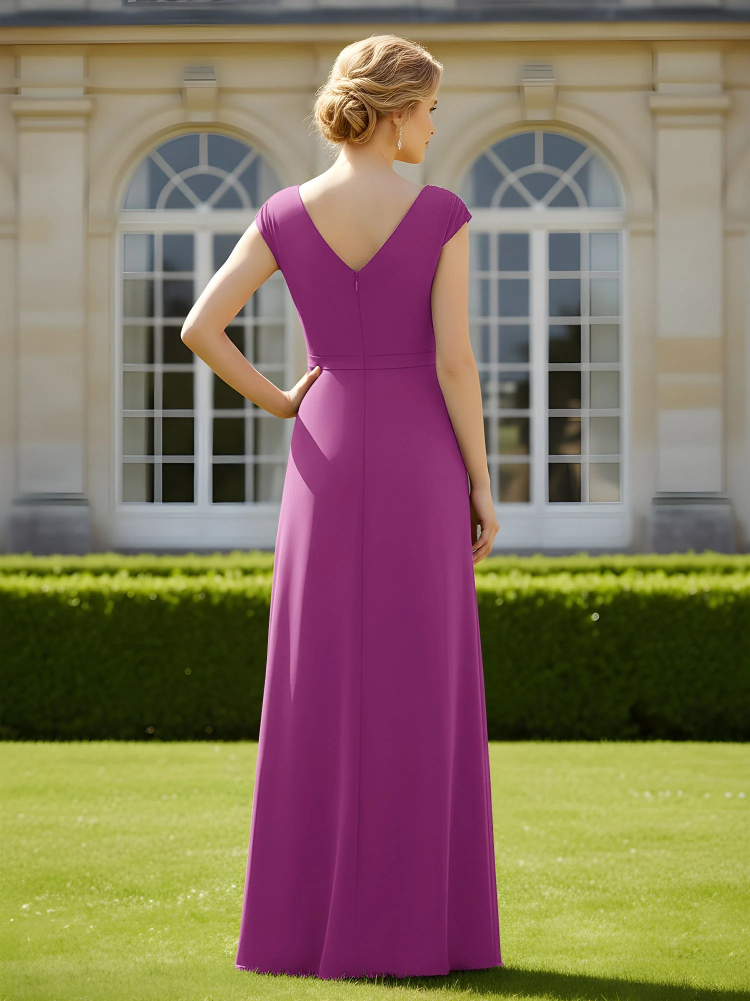 Perlen V-Ausschnitt Plissee Chiffon A-Linie Pailletten Kleid Orchidee - Image 2