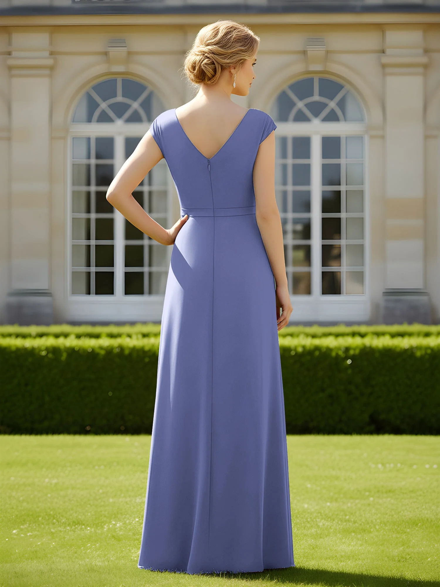 Perlen V-Ausschnitt Plissee Chiffon A-Linie Pailletten Kleid Periwinkleblau - Image 2