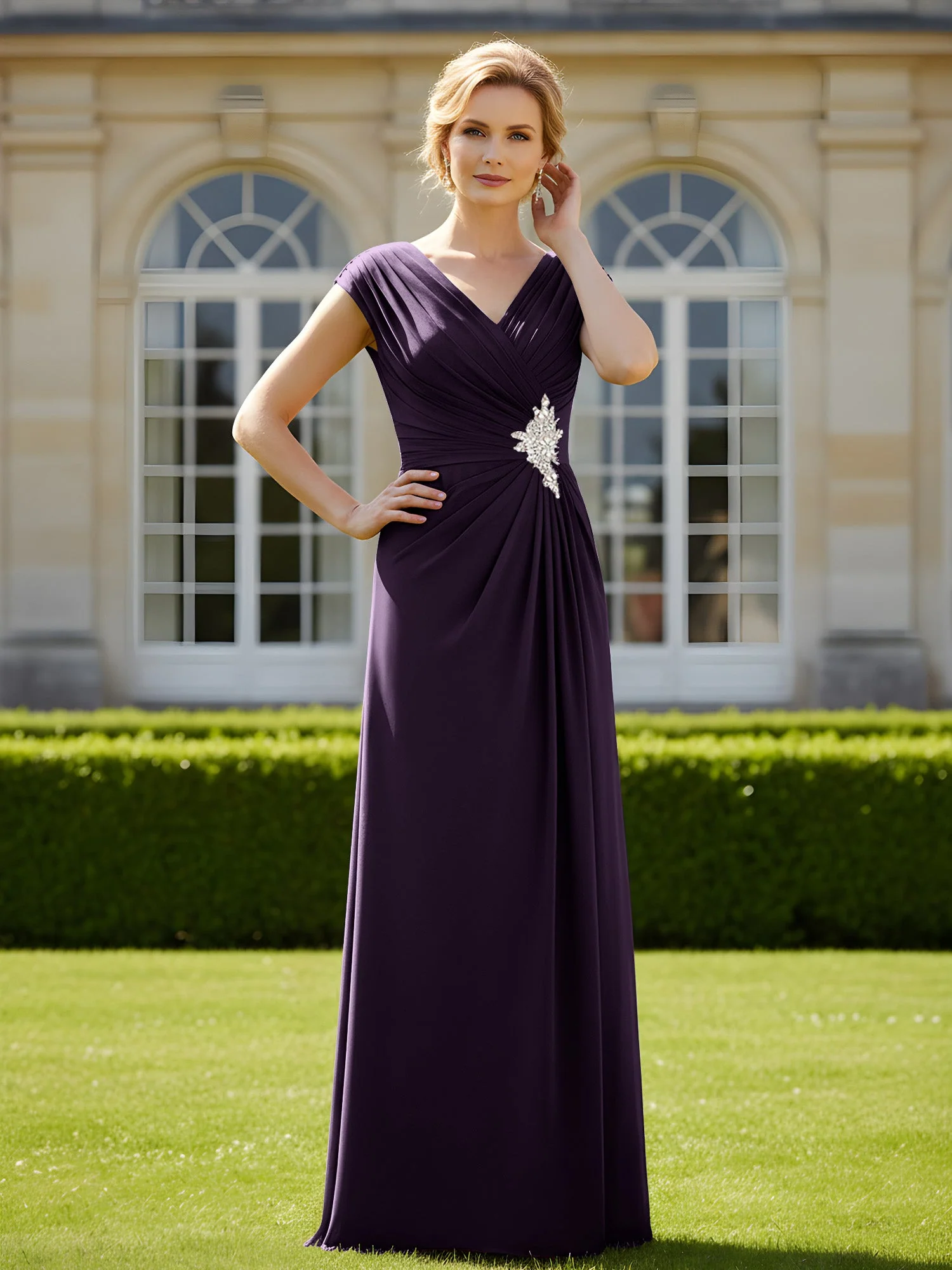 Perlen V-Ausschnitt Plissee Chiffon A-Linie Pailletten Kleid Plum
