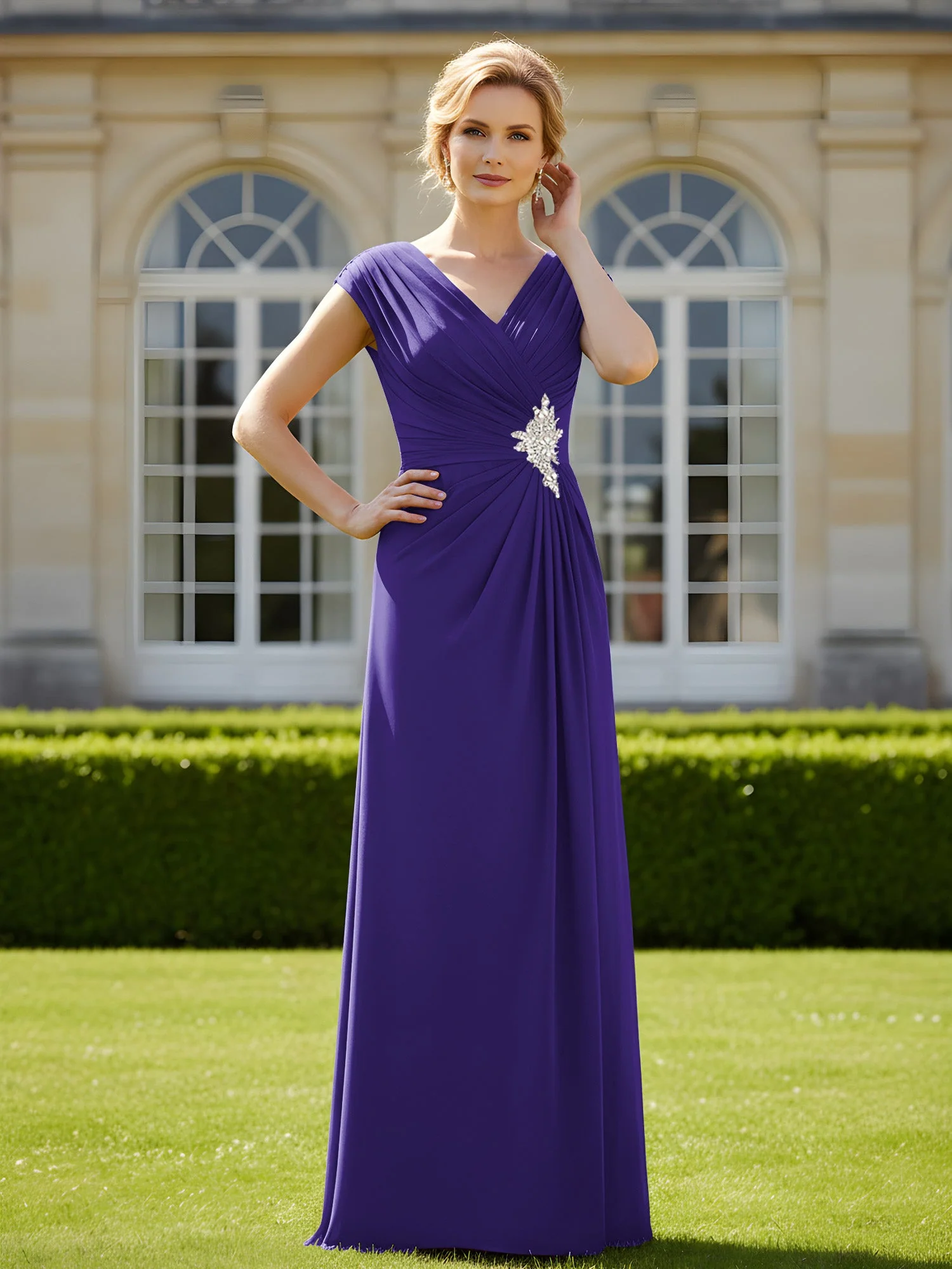 Perlen V-Ausschnitt Plissee Chiffon A-Linie Pailletten Kleid Regentschaft