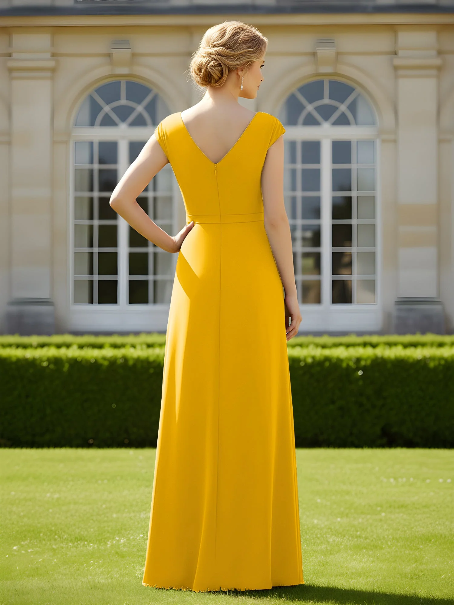 Perlen V-Ausschnitt Plissee Chiffon A-Linie Pailletten Kleid Ringelblume - Image 2