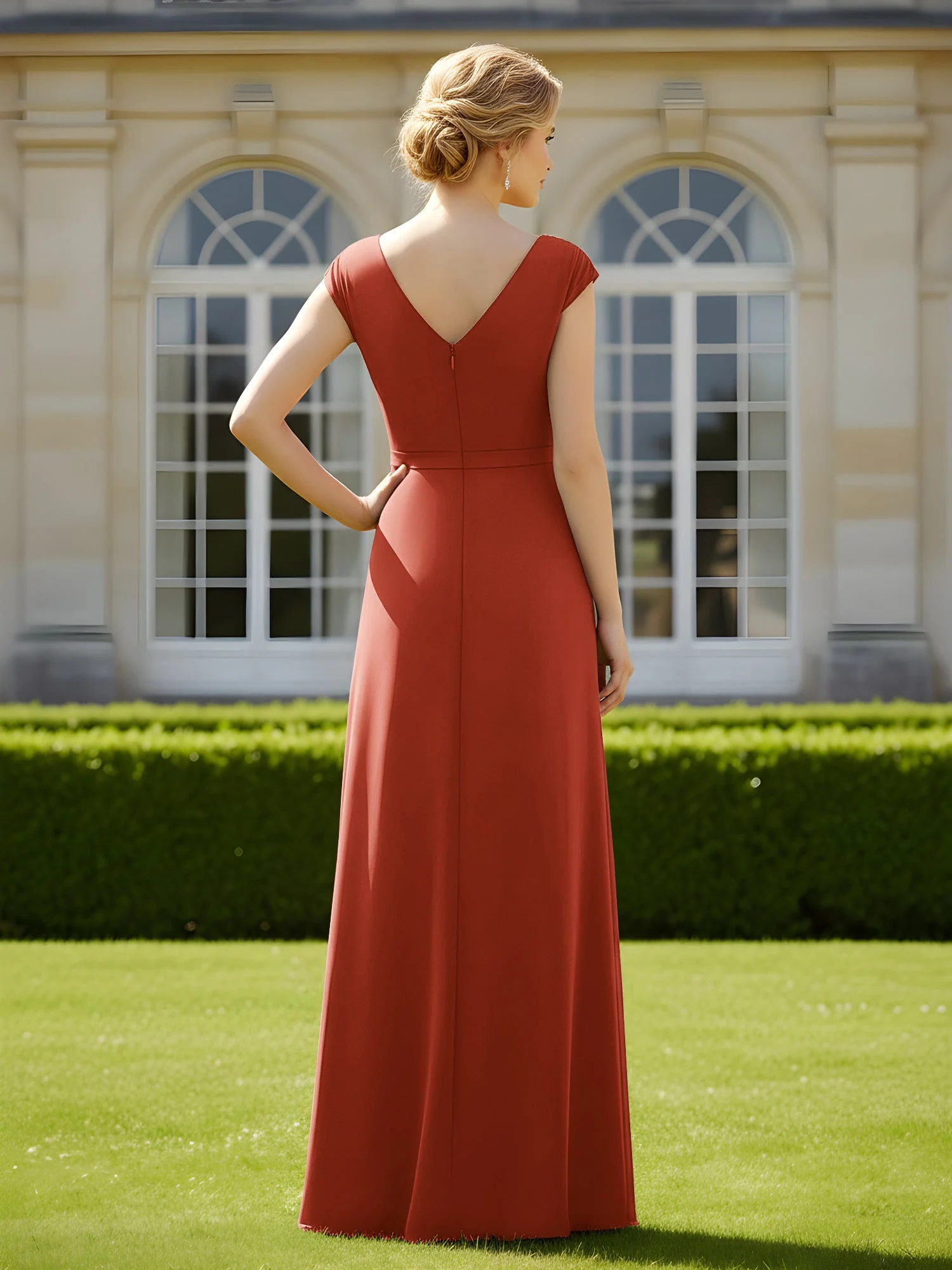 Perlen V-Ausschnitt Plissee Chiffon A-Linie Pailletten Kleid Rost - Image 2