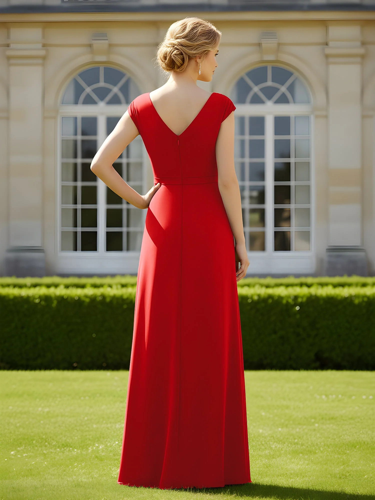 Perlen V-Ausschnitt Plissee Chiffon A-Linie Pailletten Kleid Rot - Image 2