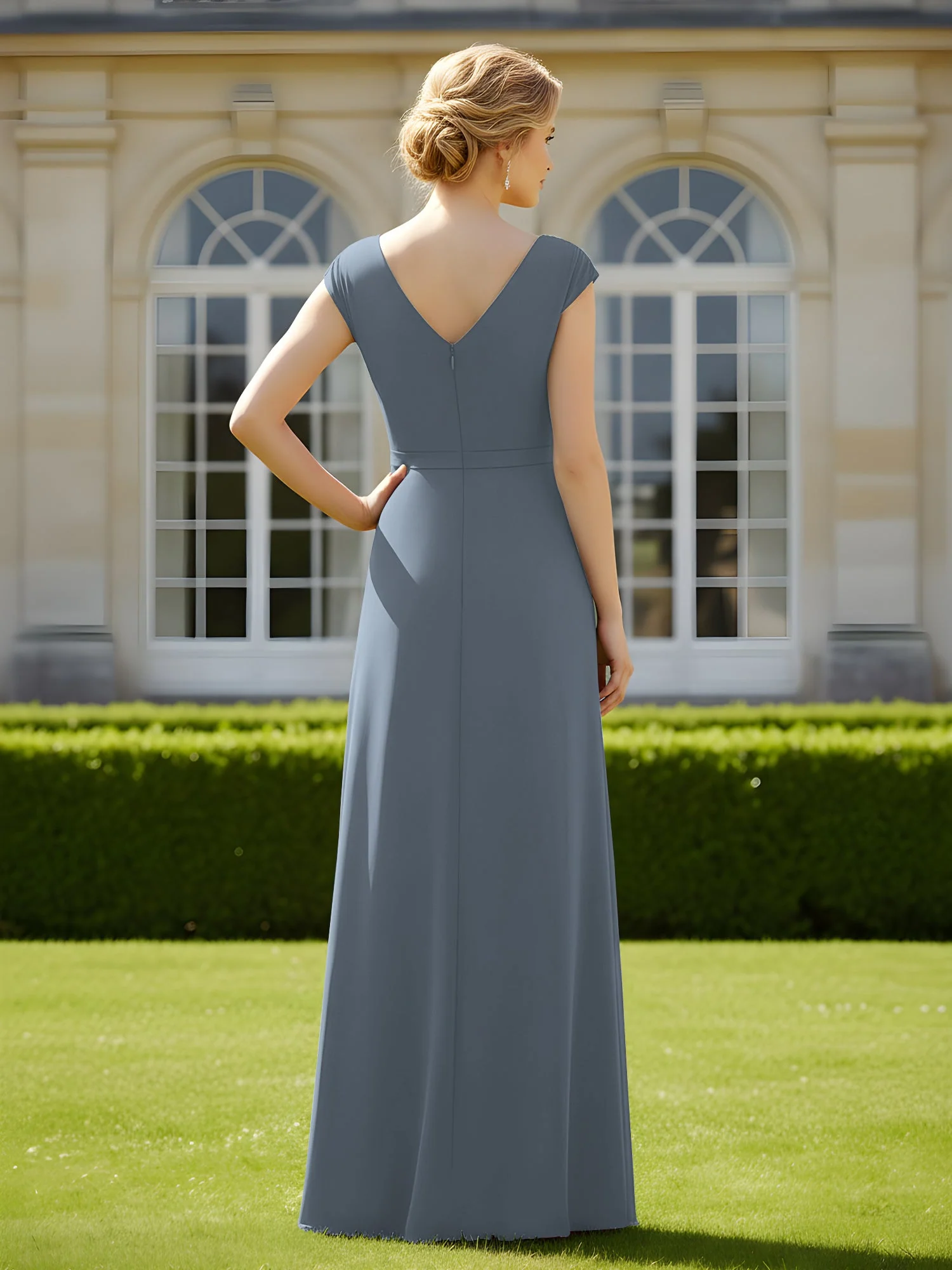 Perlen V-Ausschnitt Plissee Chiffon A-Linie Pailletten Kleid Schiefer Blau - Image 2