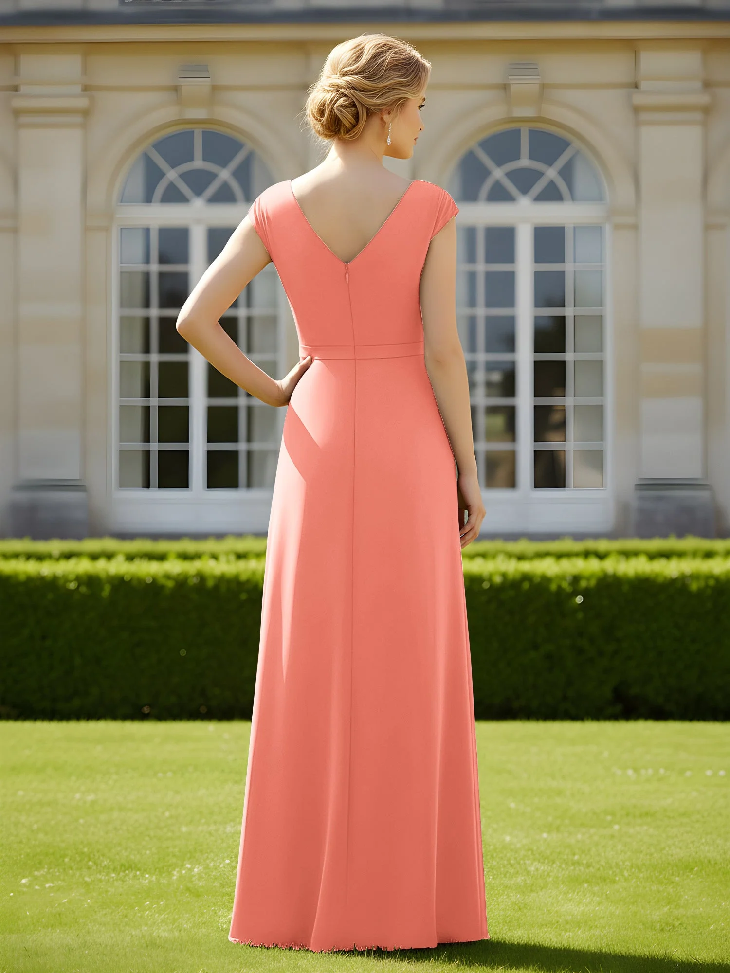 Perlen V-Ausschnitt Plissee Chiffon A-Linie Pailletten Kleid Sonnenuntergang - Image 2