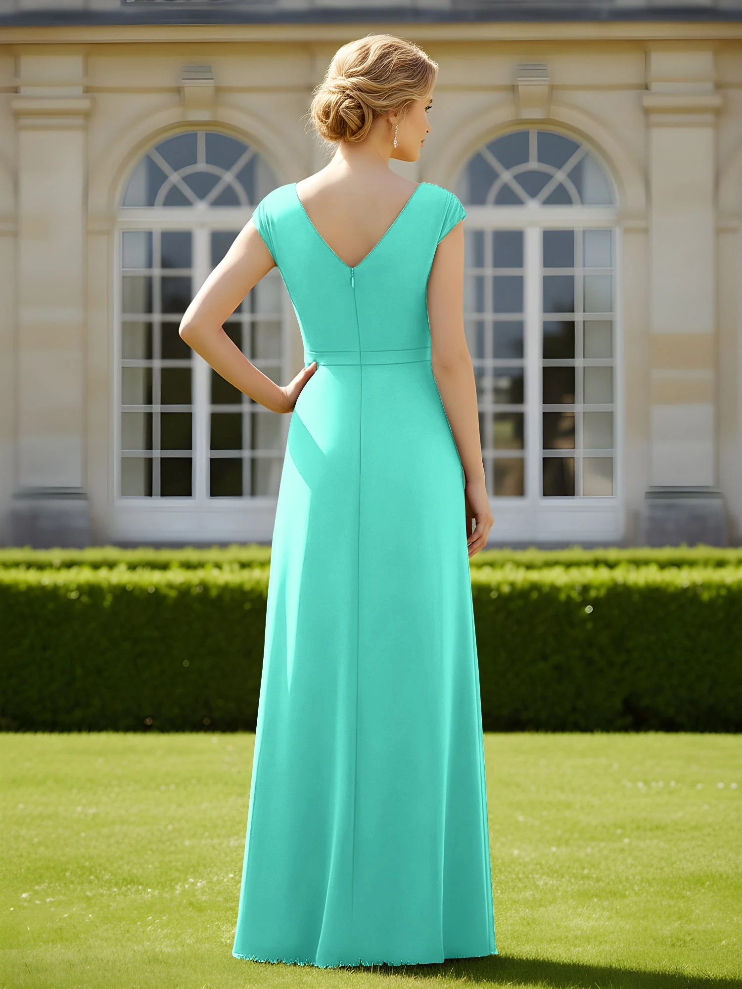 Perlen V-Ausschnitt Plissee Chiffon A-Linie Pailletten Kleid Spa - Image 2