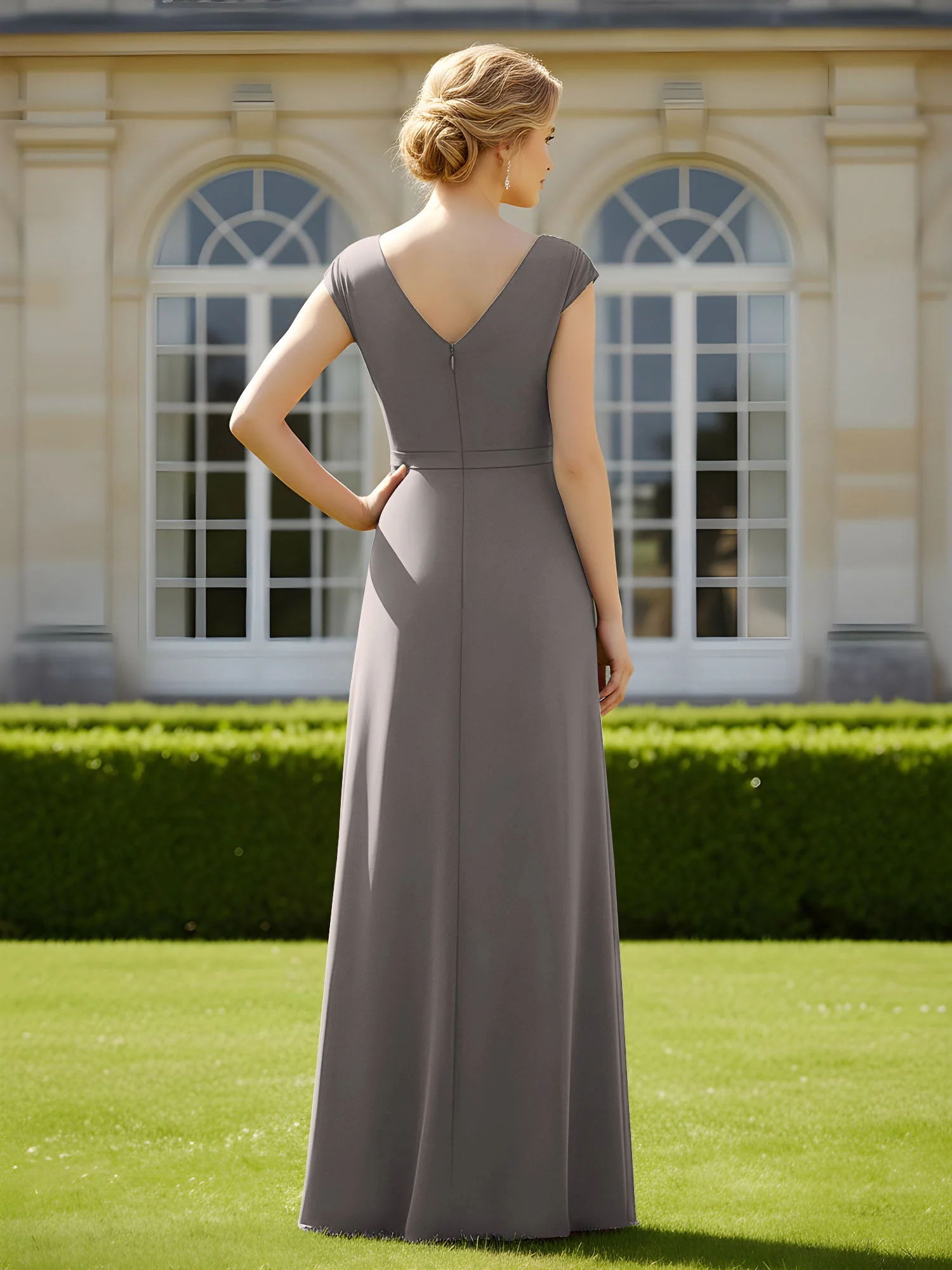 Perlen V-Ausschnitt Plissee Chiffon A-Linie Pailletten Kleid Stahlgrau - Image 2
