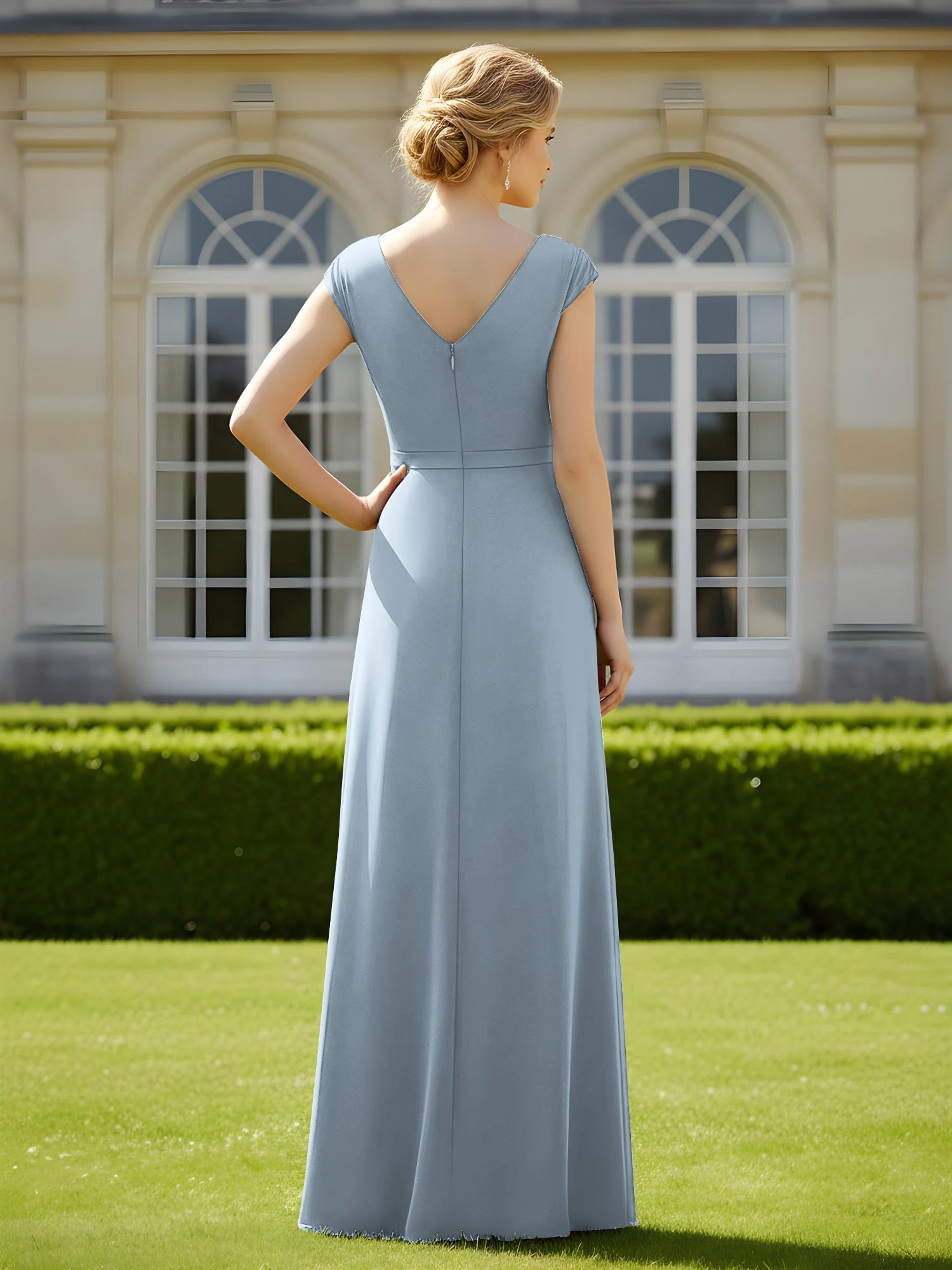 Perlen V-Ausschnitt Plissee Chiffon A-Linie Pailletten Kleid Staubiges Blau - Image 2