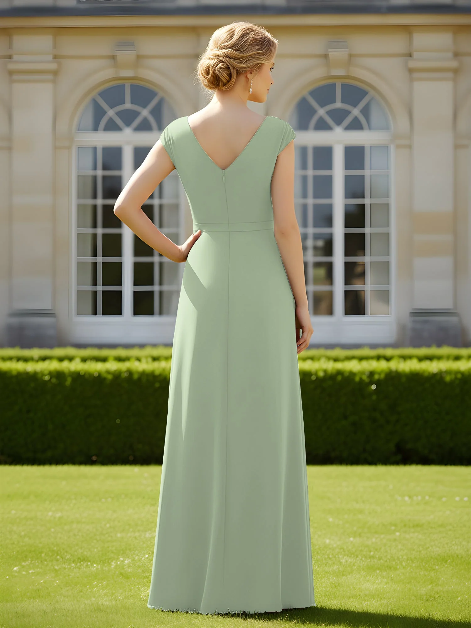 Perlen V-Ausschnitt Plissee Chiffon A-Linie Pailletten Kleid Staubiges Salbei - Image 2