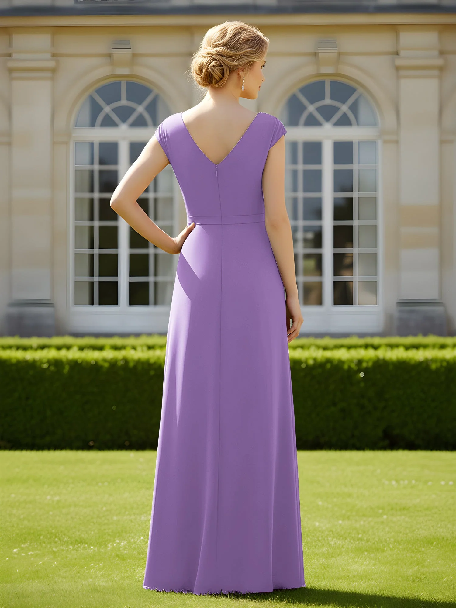 Perlen V-Ausschnitt Plissee Chiffon A-Linie Pailletten Kleid Tahiti - Image 2