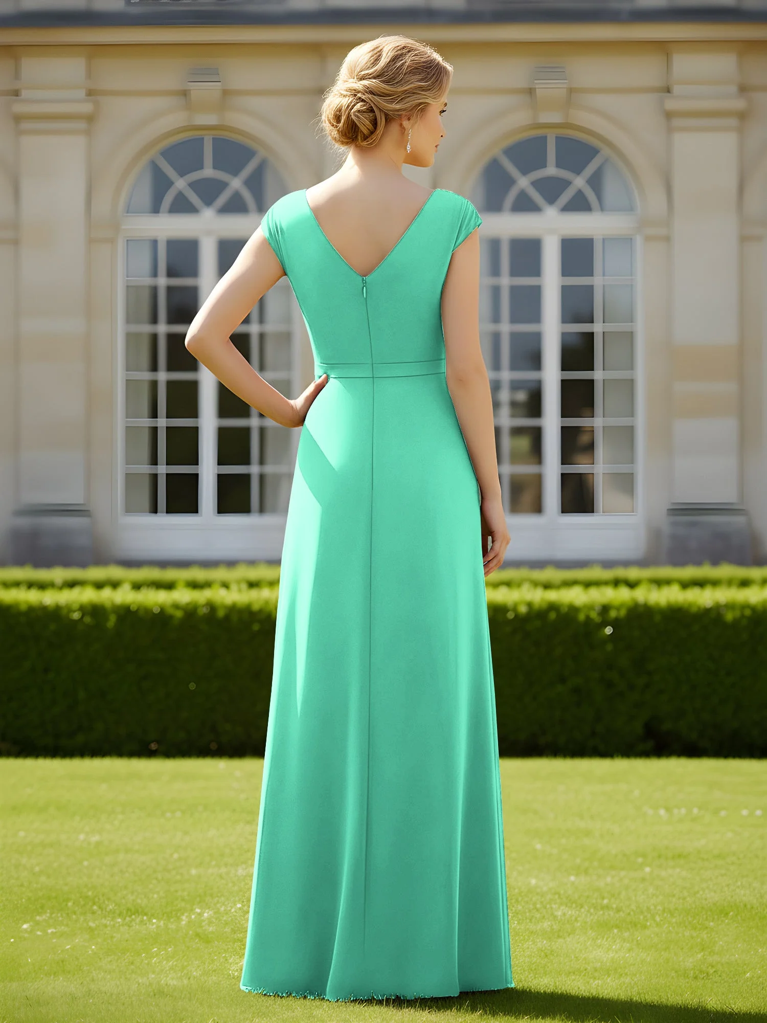 Perlen V-Ausschnitt Plissee Chiffon A-Linie Pailletten Kleid Türkis - Image 2