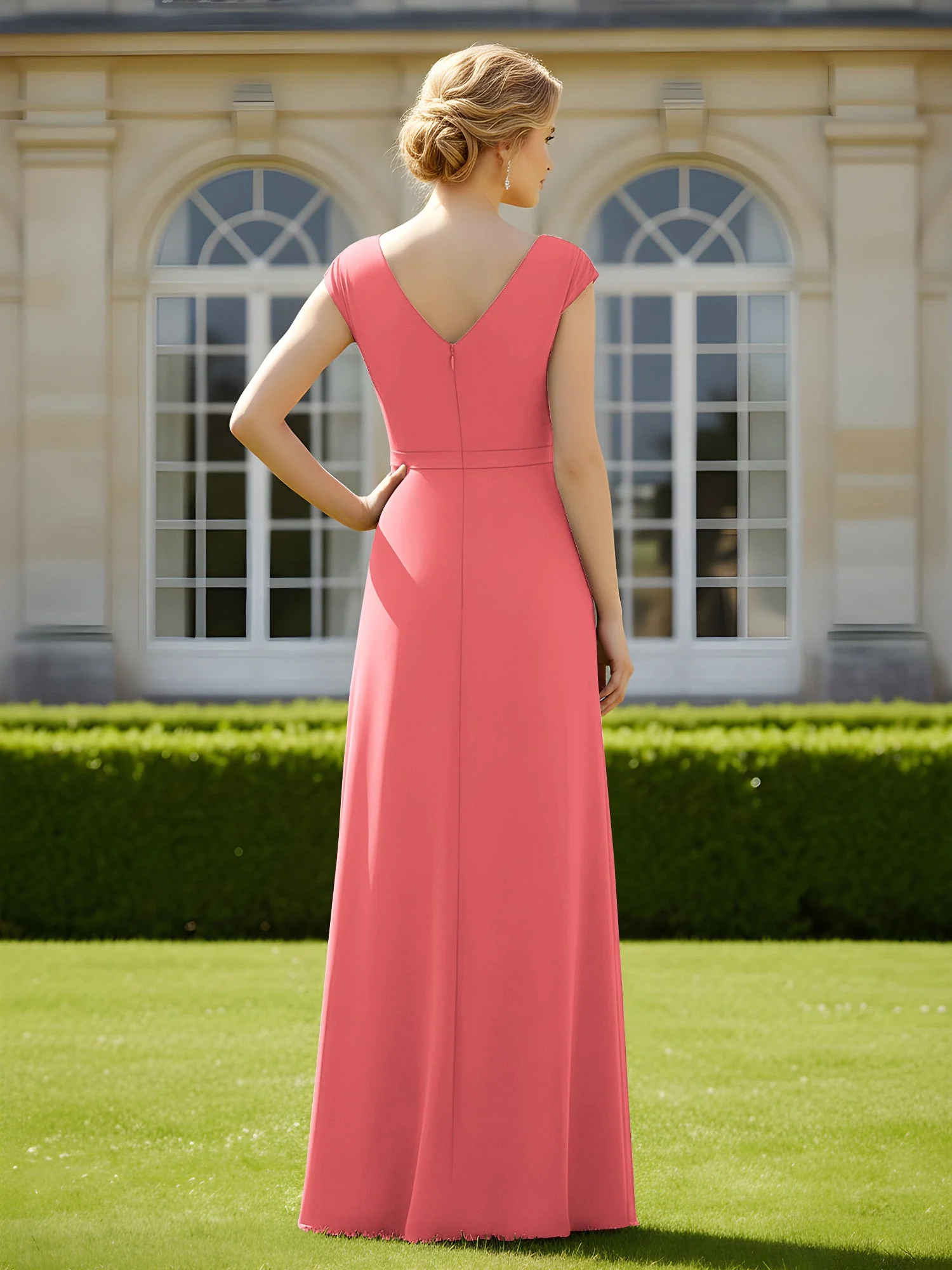 Perlen V-Ausschnitt Plissee Chiffon A-Linie Pailletten Kleid Wassermelone - Image 2