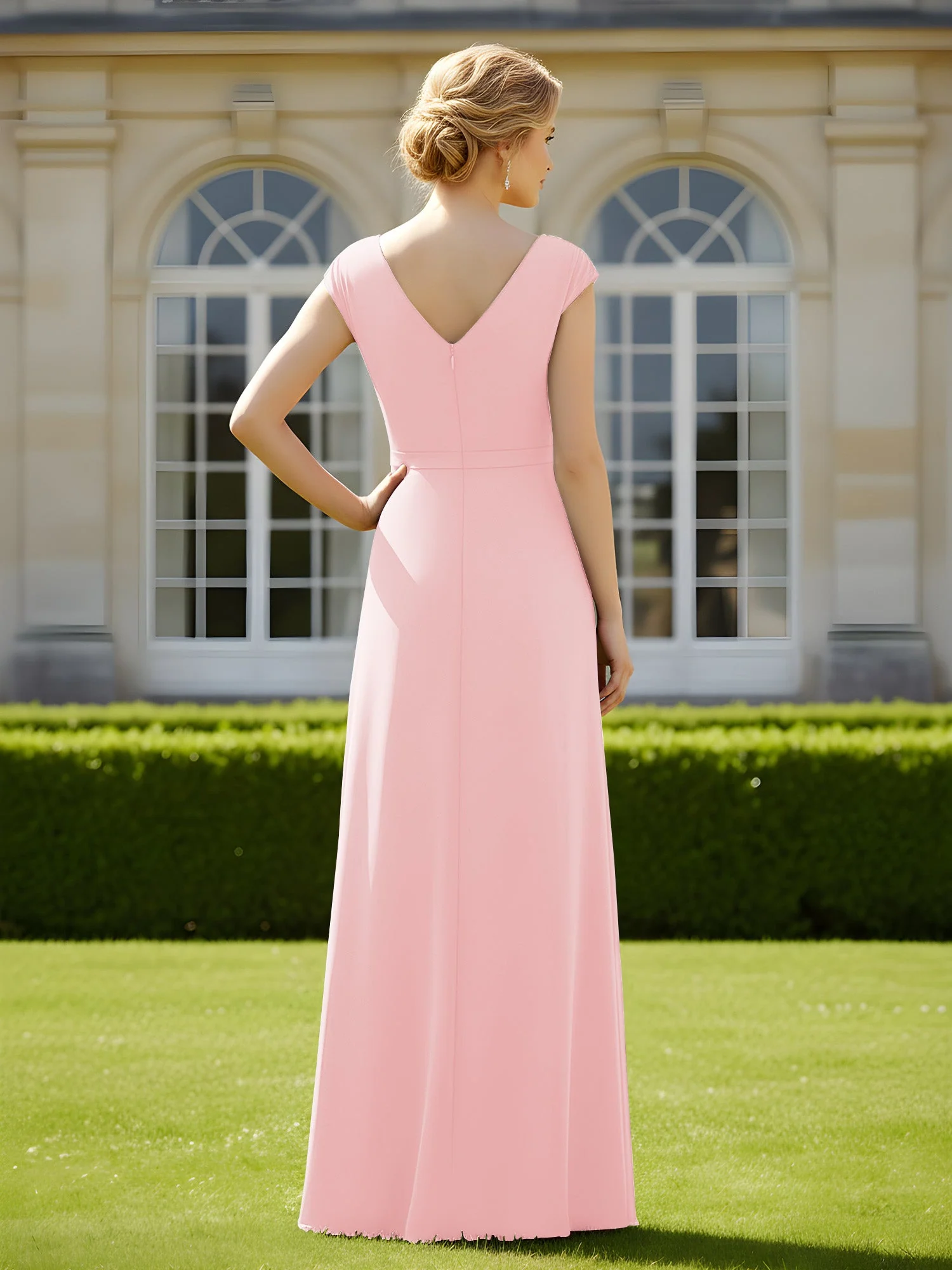 Perlen V-Ausschnitt Plissee Chiffon A-Linie Pailletten Kleid Zartrosa - Image 2