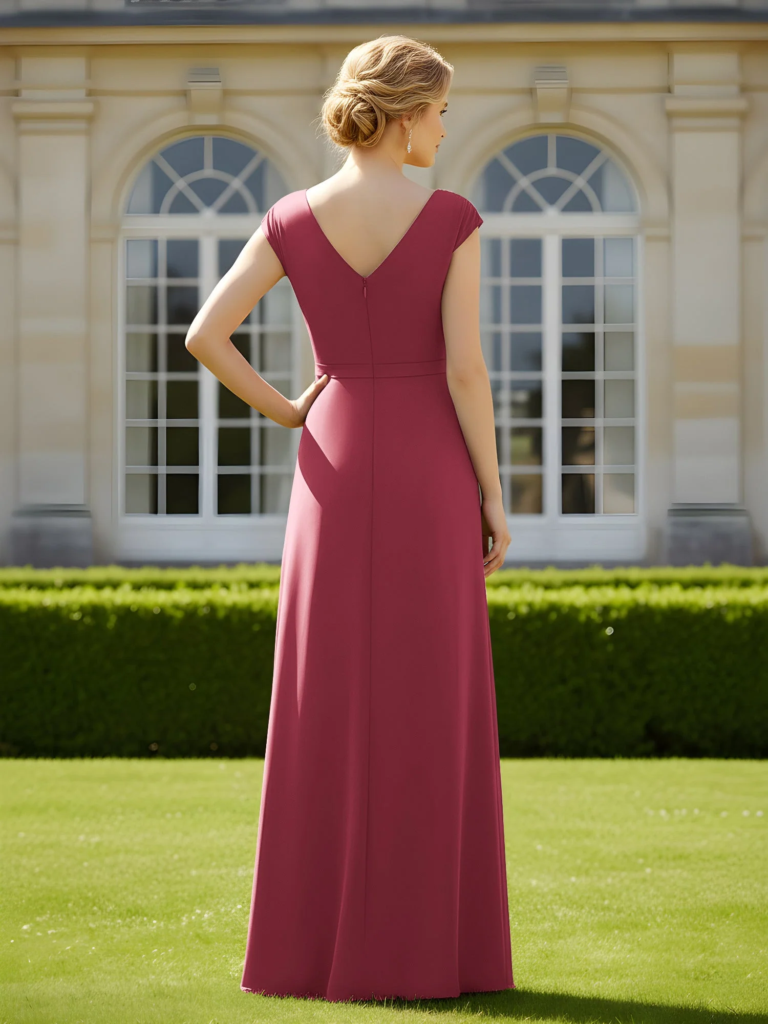Perlen V-Ausschnitt Plissee Chiffon A-Linie Pailletten Kleid Zimtrose - Image 2