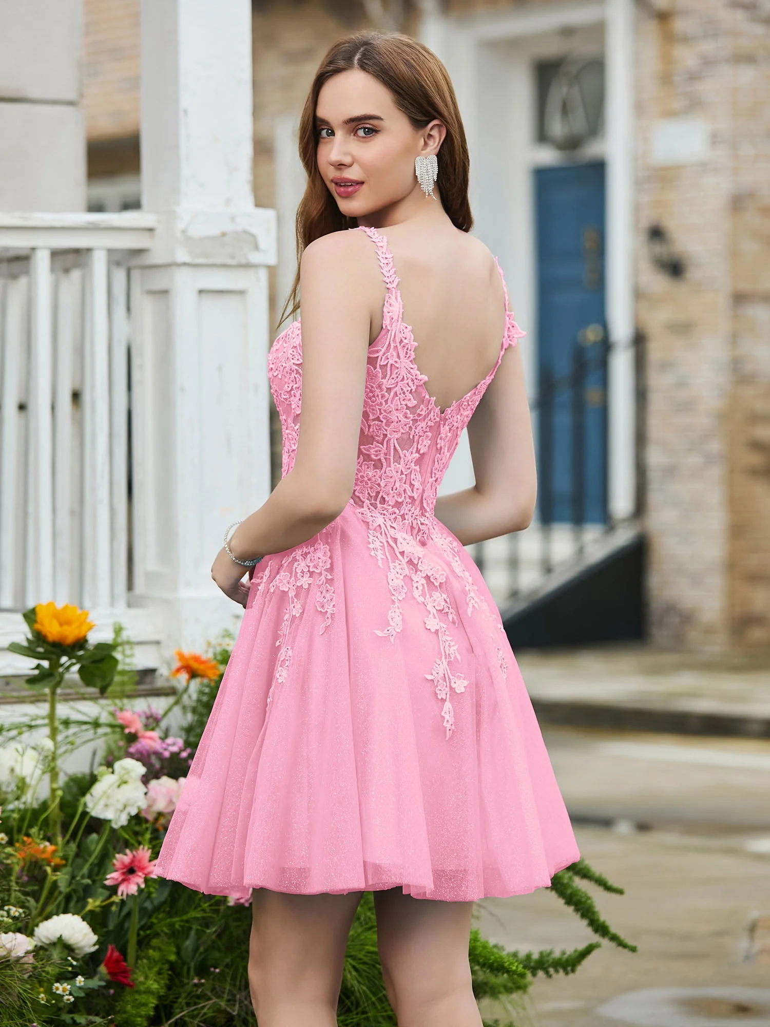 Appliziertes Korsett-Oberteil kurzes glitzerndes Abschlussballkleid Bonbonrosa - Image 2