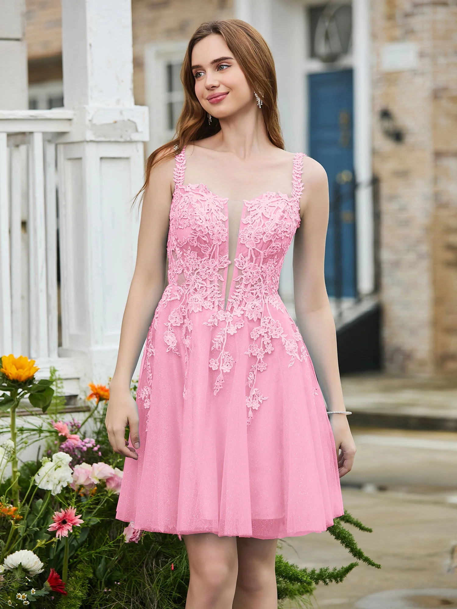 Appliziertes Korsett-Oberteil kurzes glitzerndes Abschlussballkleid Bonbonrosa - Image 3