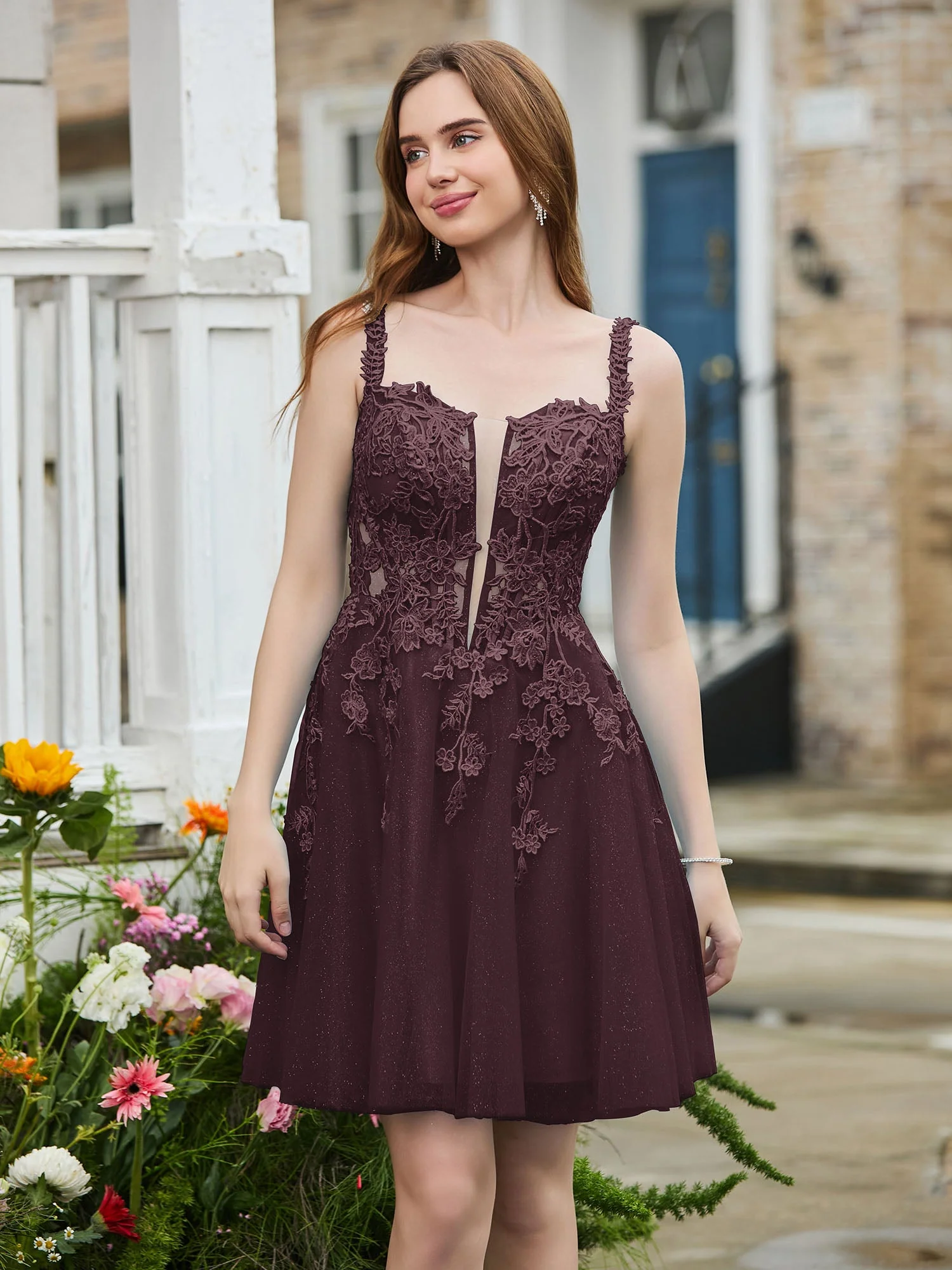 Appliziertes Korsett-Oberteil kurzes glitzerndes Abschlussballkleid Cabernet - Image 3
