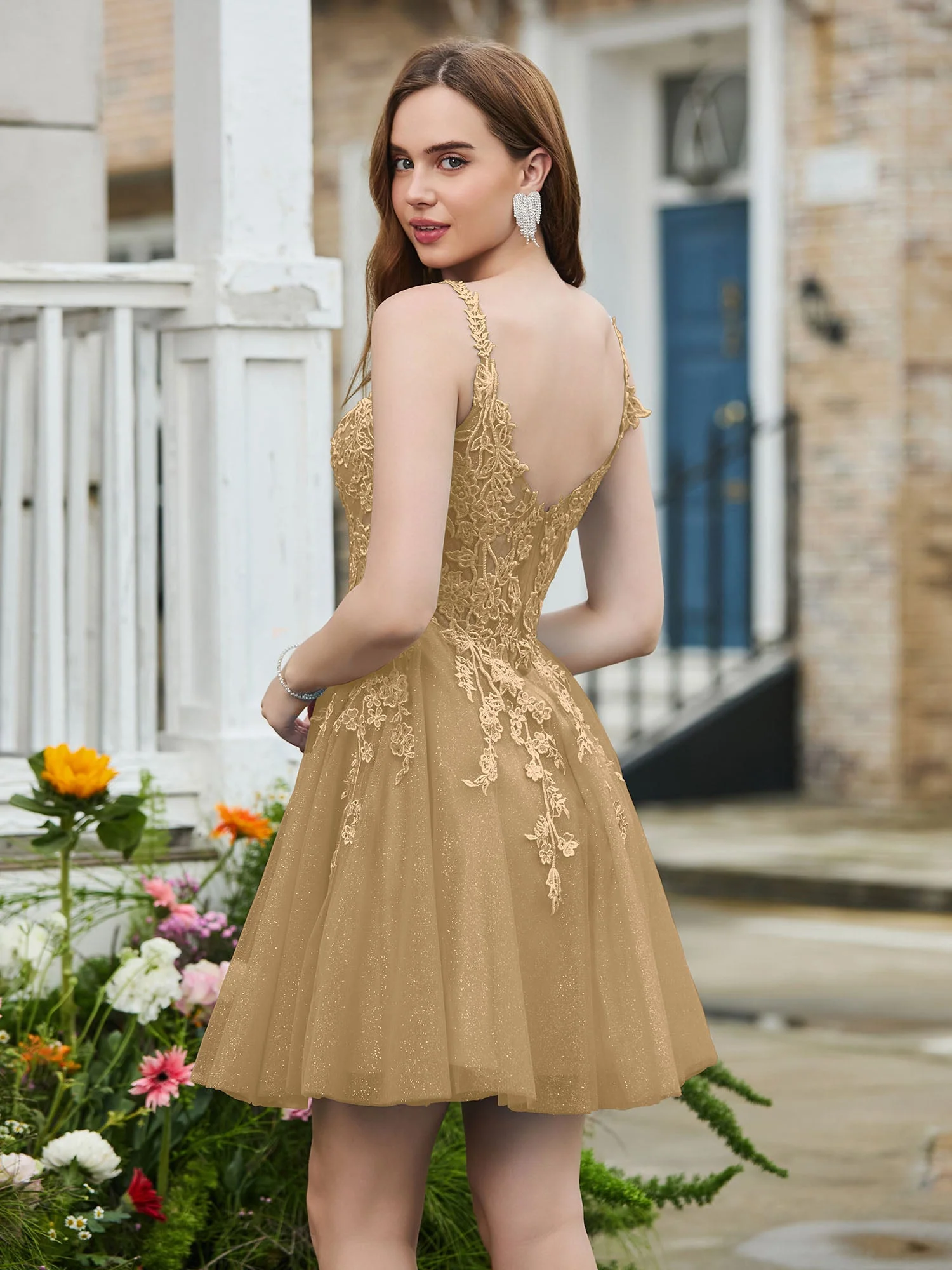 Appliziertes Korsett-Oberteil kurzes glitzerndes Abschlussballkleid Champagner - Image 2