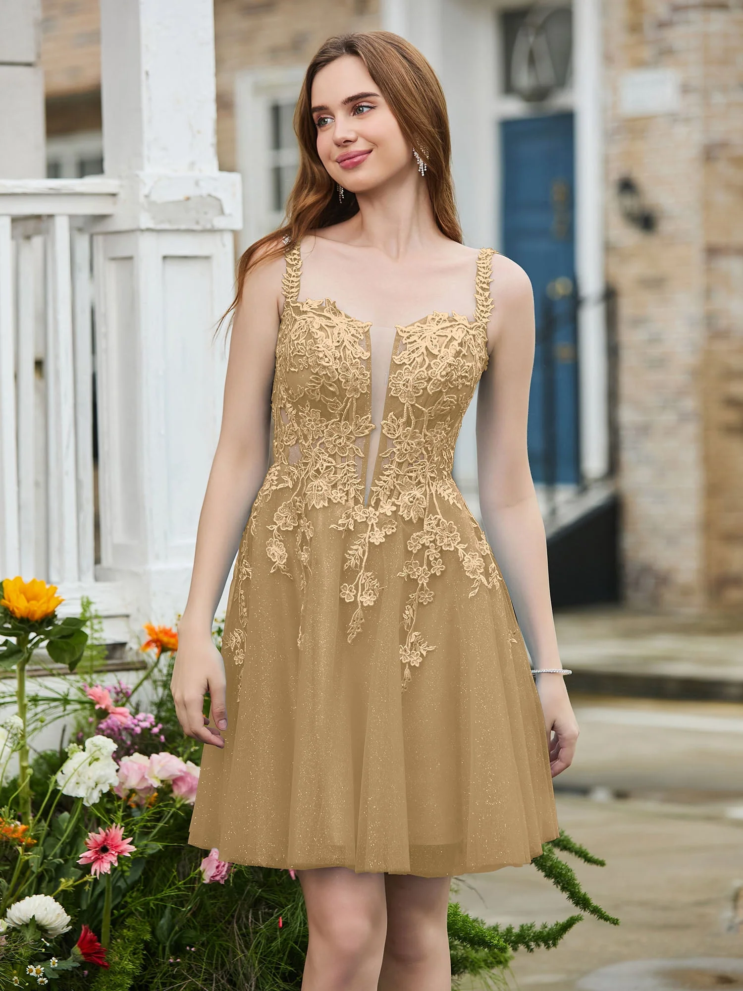 Appliziertes Korsett-Oberteil kurzes glitzerndes Abschlussballkleid Champagner - Image 3